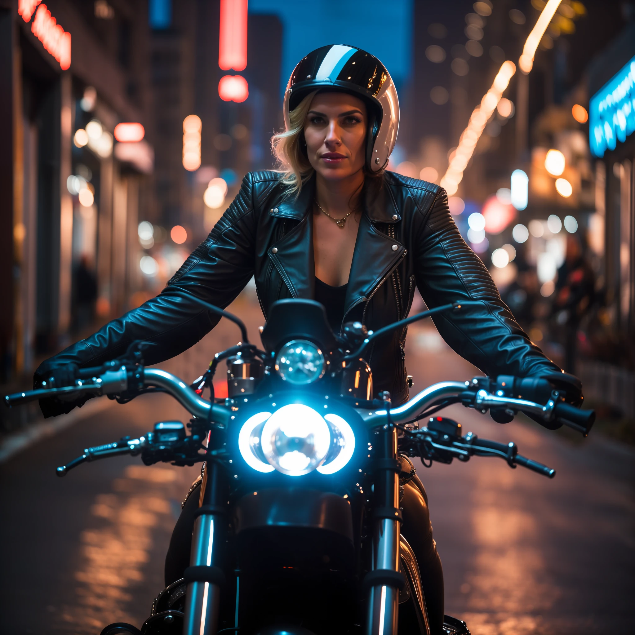 woman in leather jacket riding a motorcycle in a city at night, picture of a female biker, riding a motorcycle, riding a futuristic motorcycle, sitting on cyberpunk motorbike, riding a motorbike down a street, motorcycle, motorbiker, sitting on a motorcycle, riding a motorbike, by Micha Klein, closeup portrait shot, by Drew Tucker, dressed in biker leather