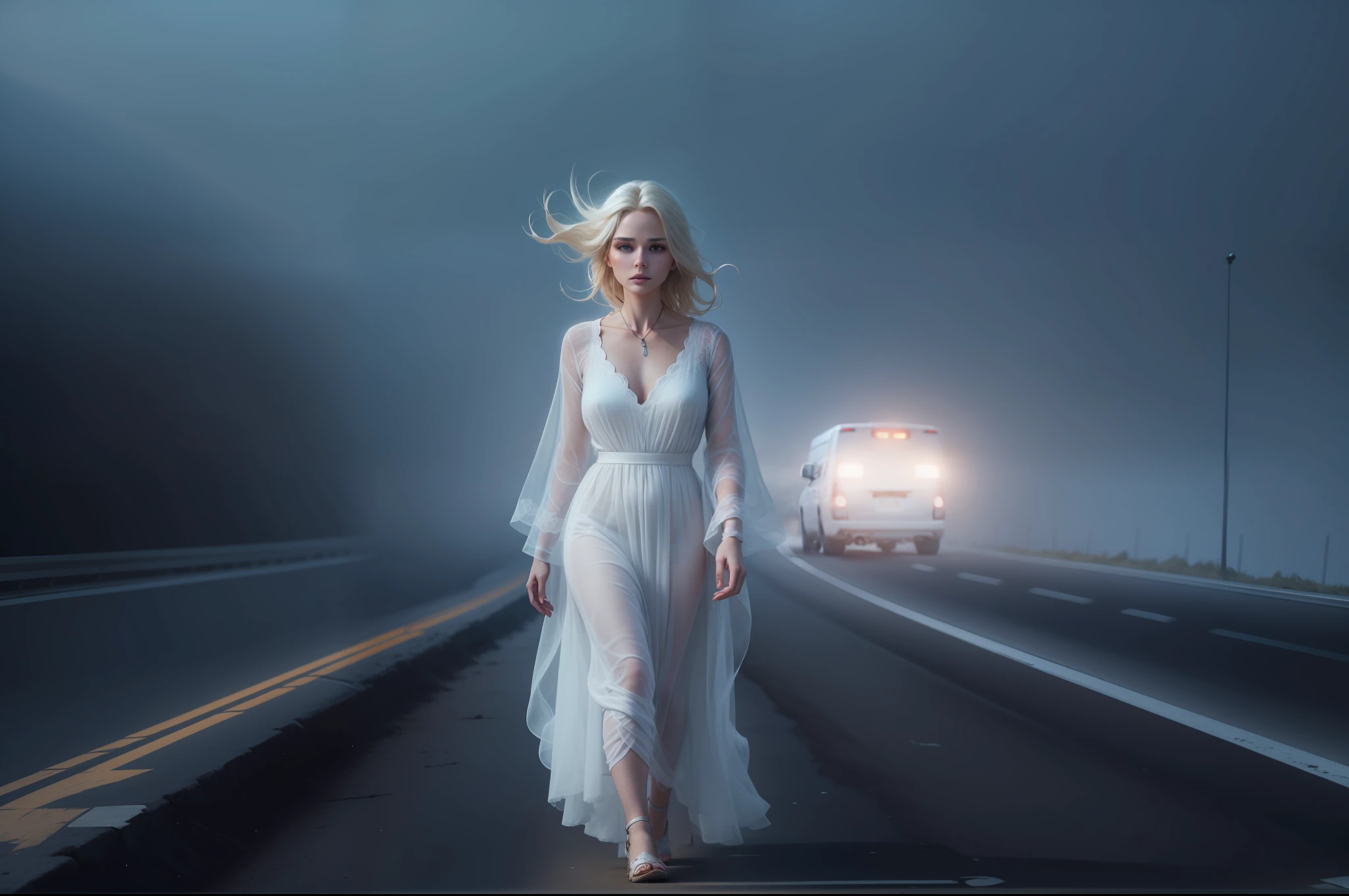 Very realistic and detailed 8k image of a ghost of a blonde woman in a white dress, on the side of an empty night road full of fog