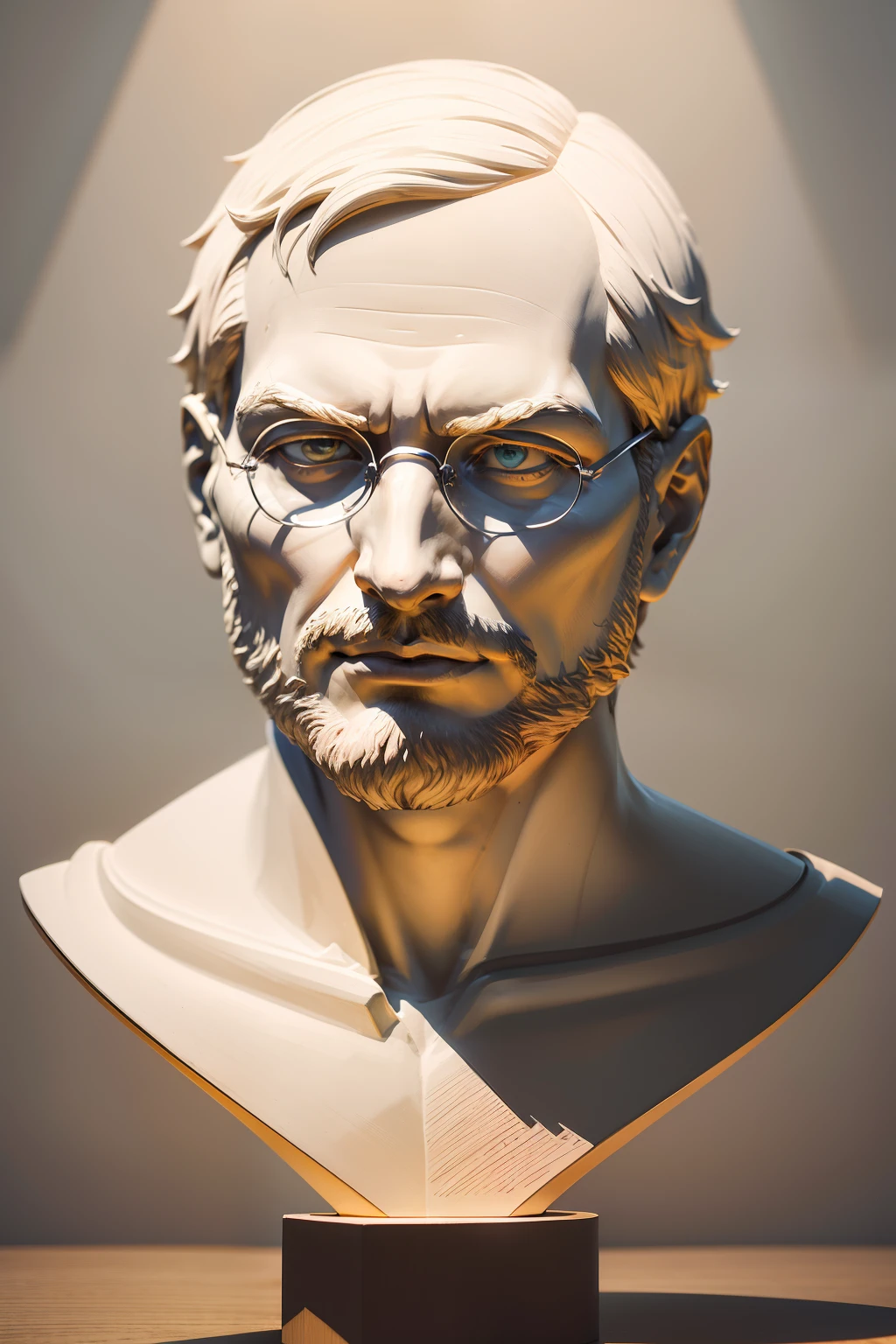 Here is the description of the photo in Portuguese:

A majestic representation of the bust of Steve Jobs carved in the imposing style of classical Greek art. 

The portrait is made in fine grain white marble, emphasizing the purity and perfection of form. Steve Jobs appears with a contemplative expression, seu olhar fixo em um ponto no horizonte, Emanating the visionary aura of a tech titan. 

His head is carved with realistic and proportional strokes. The precise lines capture the essence of his iconic features – the high forehead, o nariz reto, a boca levemente curvada em um meio sorriso. 

Diffuse lighting creates a dramatic play of light and shadow over facial angles. The hair is worked in soft friezes that frame the face, Giving movement and texture to the piece.

A base do busto apresenta a assinatura estilizada do escultor, gravada na lateral. Ao fundo, the silhouette of some modern buildings bridges the gap between the classical context of sculpture and the technological age that Steve Jobs helped shape.

The work masterfully captures the visionary spirit and aura of genius of this computer icon, eternalizing him as a legendary figure through the reinterpretation of Greco-Roman sculpture.