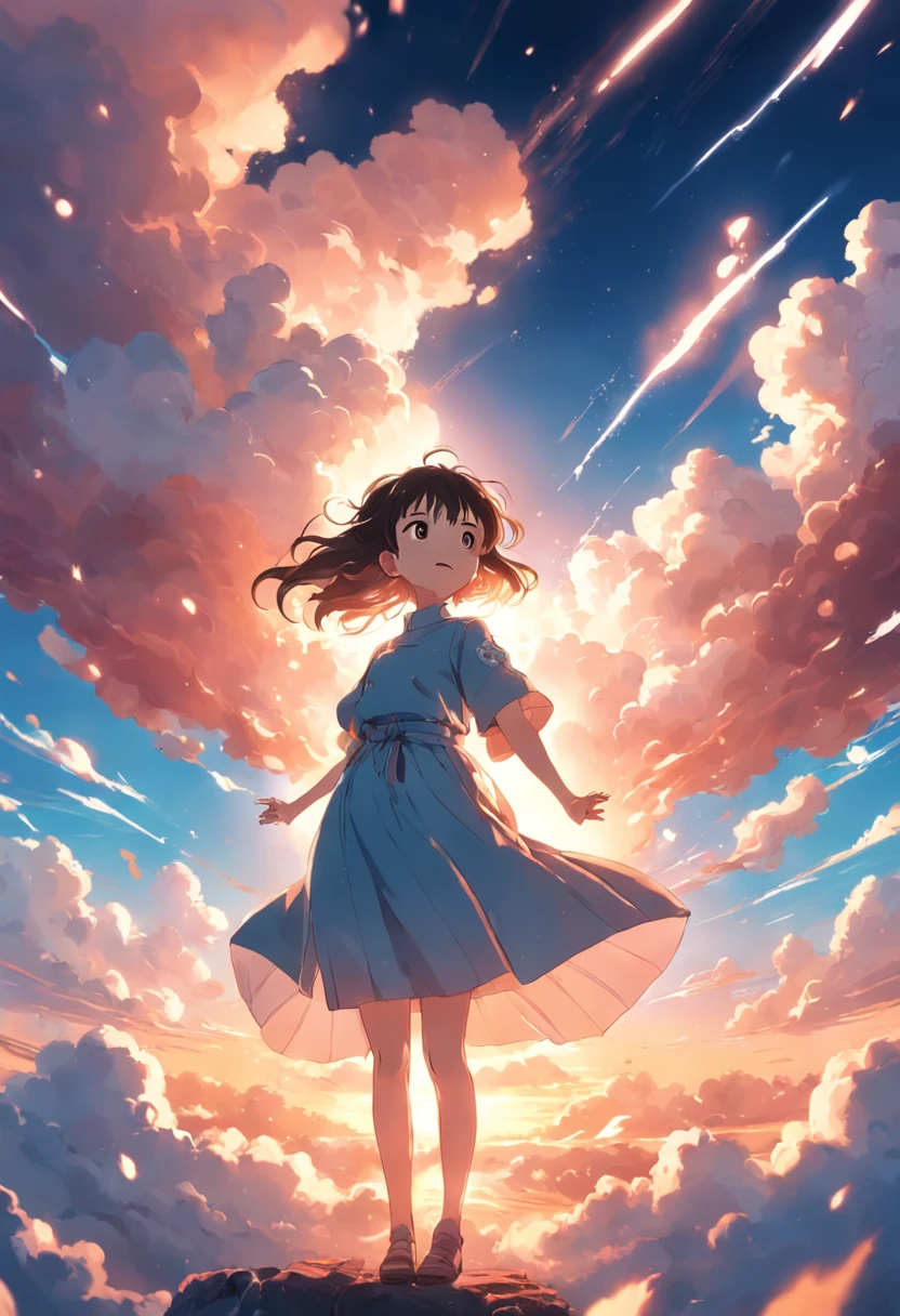 masterpiece, best quality, movie still, 1girl, cloud girl, floating in the sky, close-up, bright, happy, warm soft lighting, sunset, (sparks:0.7)