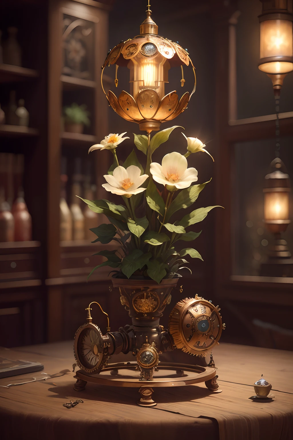 Best quality steampunk flower machine, masterpiece, ultra high res, (photorealistic:1.4), absurdres,cinema lighting, fantasy scifi machine, hyper realistic, steampunk, intricate design, insanely detailed, fine details, SteamPunkAI,
