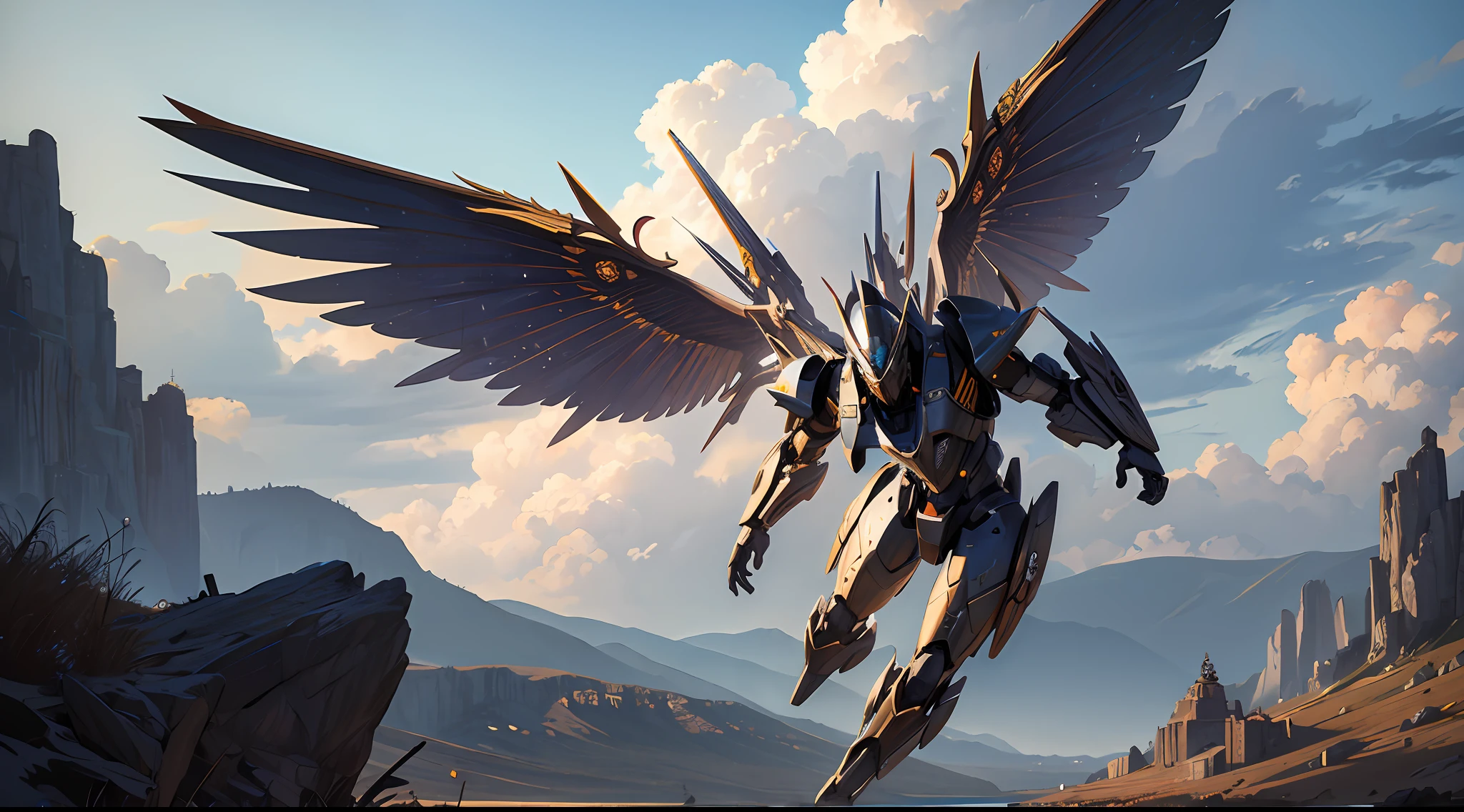 (masterpiece, best quality:1.3),extremely high detailed, intricate, 8k, HDR, wallpaper, cinematic lighting, sky, flying, holding weapon, glowing, armor, glowing eyes, mecha, realistic,mecha, large wings,