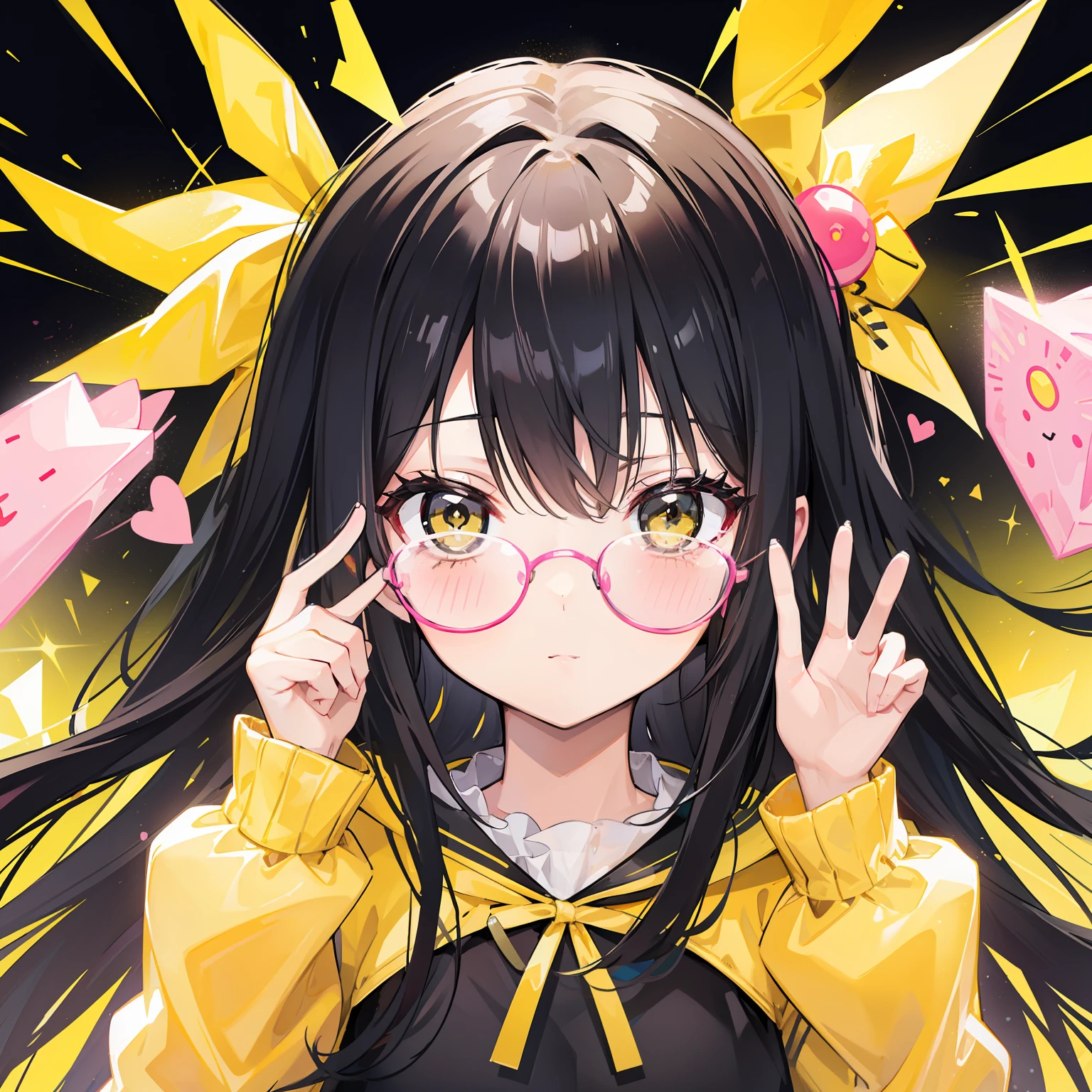 Yellow-pink transparent texture,Suitable for long hair,Wide black glasses,The face is relatively large,Silly,Looks silly and cute,It's a cute girl