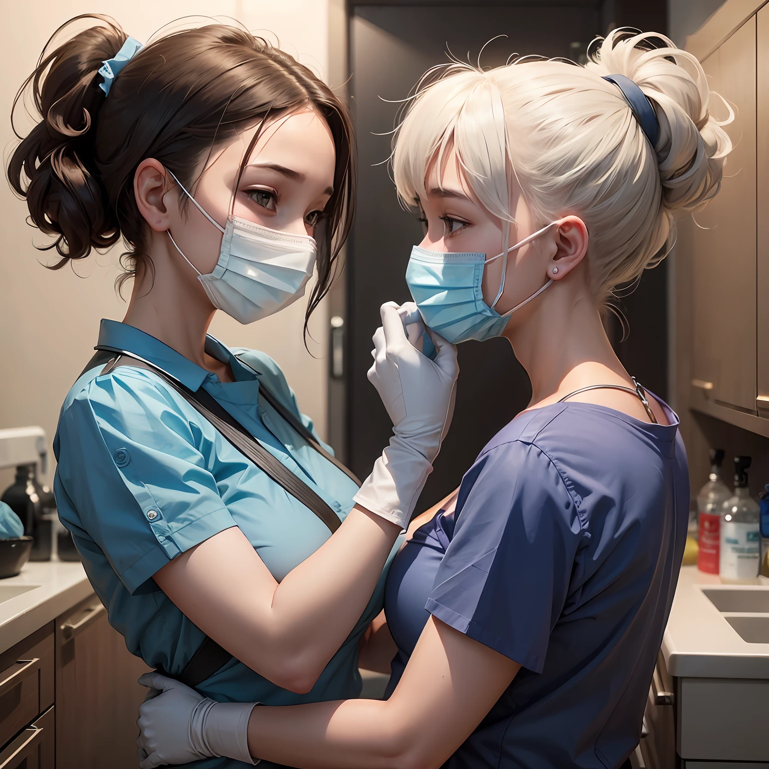 norwegian woman、20yr old、Human skin feel、Realistic Woman、a blond、Wearing a blue paper apron and white scrub、Dental Hygienist、dentistry、dentist、Solo Shot、short-cut、surgical mask、masks、gloves、rubber glove、Golden hair shortcut、Two women looking into each other's eyes and hugging each other、