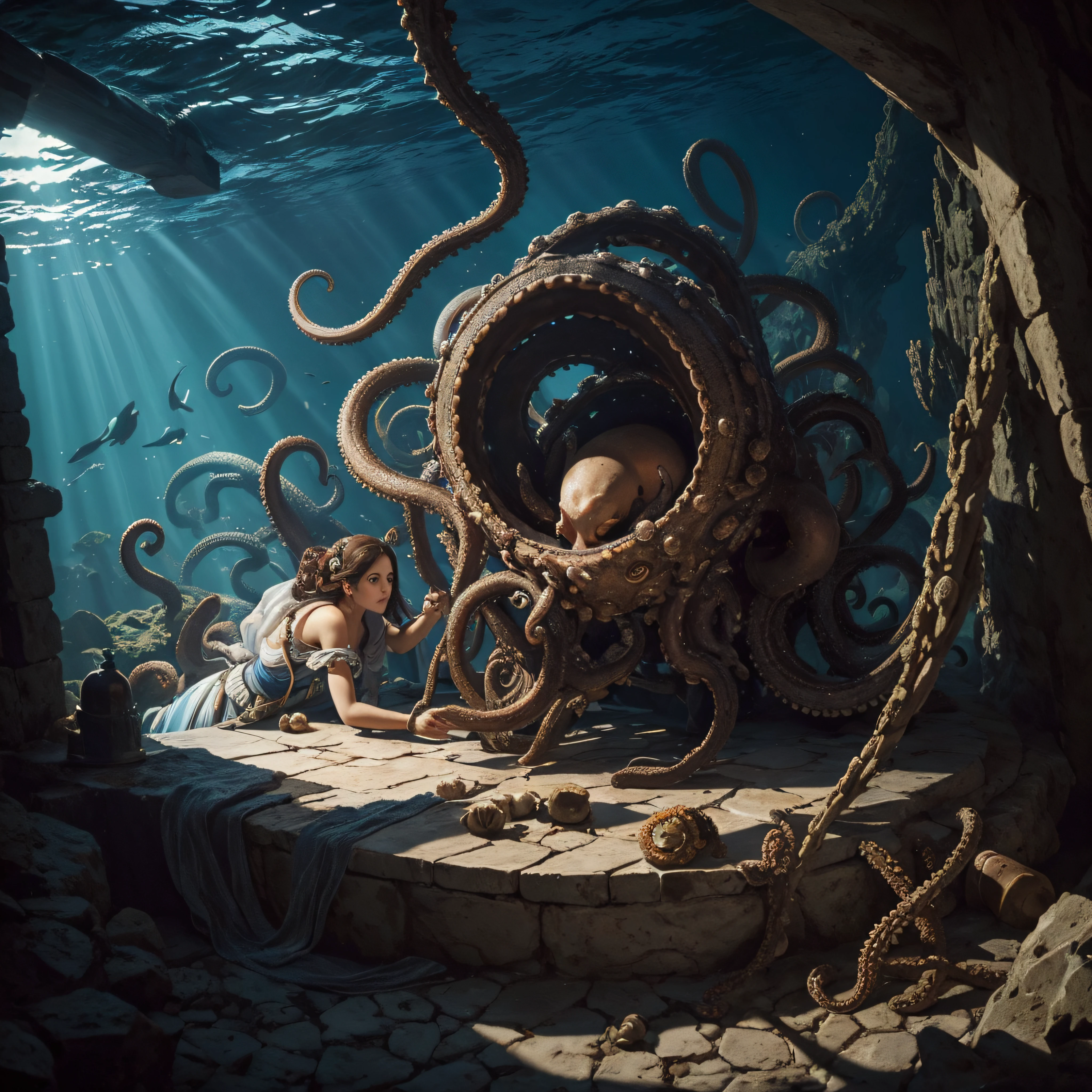 (extremadamente detallado, obra maestra, La mejor calidad, Under the Ocean), Estilo oscuro, volumetric illumination. armadura medieval, rostro con arrugas, lengua larga, tentacle, deforme, imagen submarina vista desde el exterior, pico de pulpo amenazante. manchas de tinta. Rococo composition. Luz de caravaggio