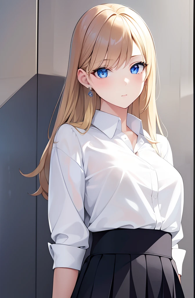 top-quality, ​masterpiece, ultra-detailliert, a beautiful detailed girl, extremely detailed eye and face,  girl, cutebeauty girl, hi-school girl, japanes, a blond, Shoot hair, bangss, shinny hair, Very detailed depiction of hair, beatiful detailed eyes, big eye, radiant eyes, Short Blazer, a miniskirt, Shirt, neck tie, slender style, middlebreasts