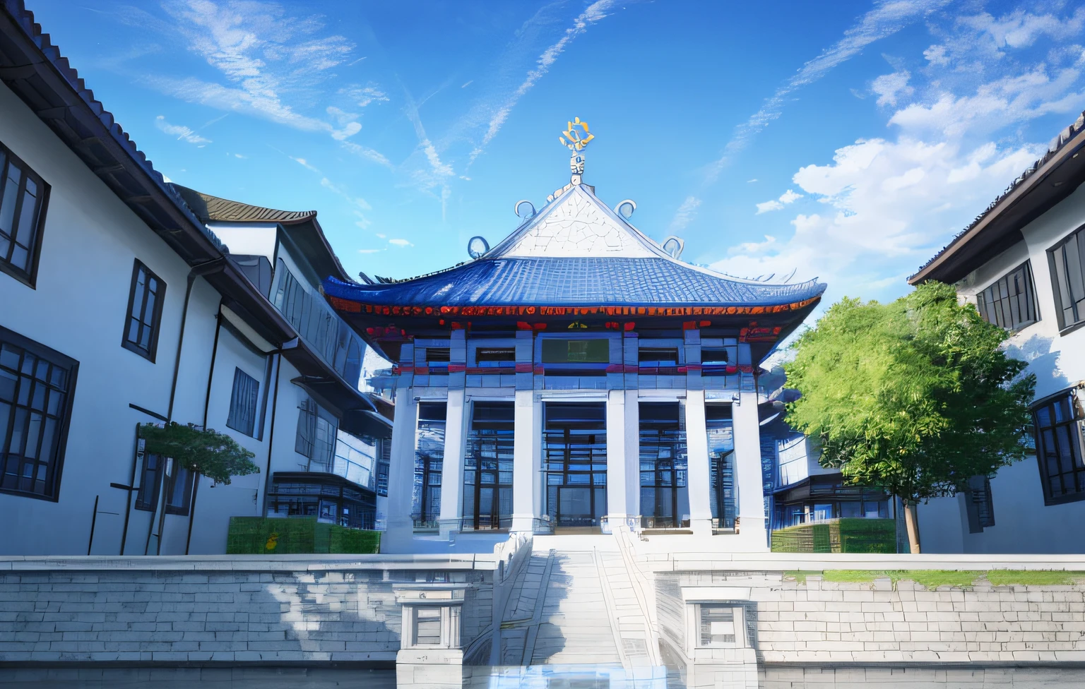 16k,Ultra-detailed details,Future theme,ultra-realistic realism,Archimedes perfect geometric row white building,The Lord withers blue-white,It contains some traditional Chinese architectural features,Large area of water light,With 5%cyber punk style。A4 type paper size