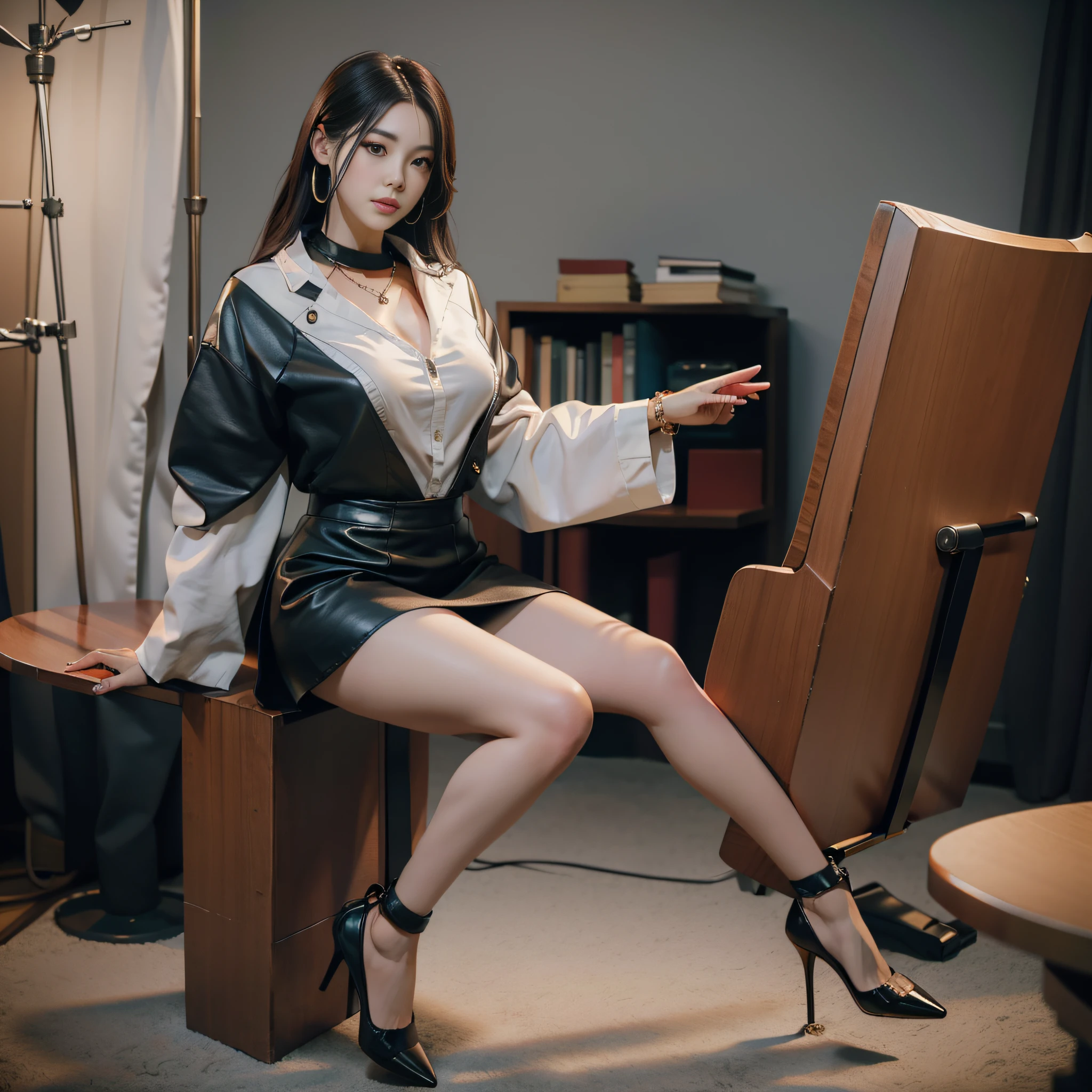 tmasterpiece,A high resolution,8K,CG animation,Correct human anatomy,correct hand,Correct foot,Wear professional attire,Leather skirt,high-heels,Neck ring,foot ring,Bracelet,Sit in the studio,In the introduction of goods