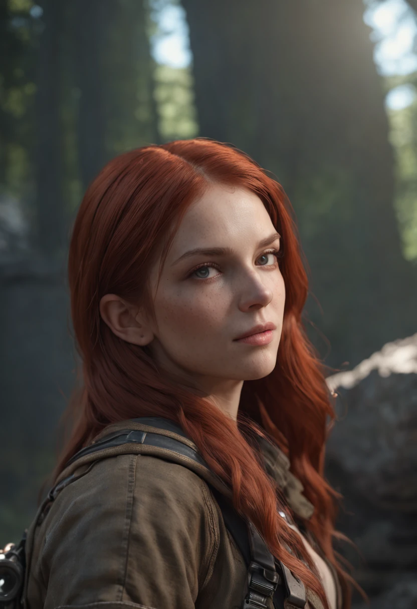 A woman with red hair and a backpack looks at the camera - SeaArt AI