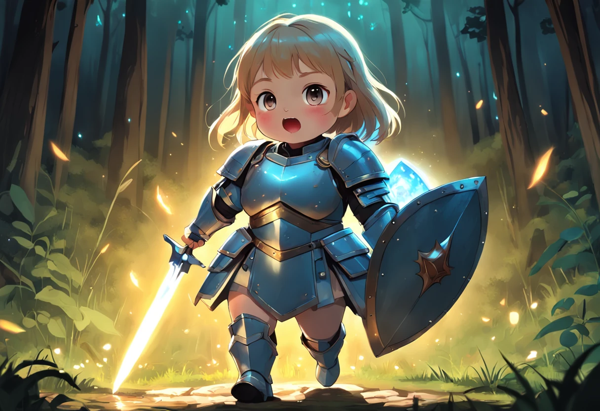 Cartoony,Chubby girl in heavy armor,Hold a glowing sword and shield on the ground,Glowing fireflies around,,Cute and cute,KIDS ILLUSTRATION,Glow effects,Dingdall effect,depth of fields,high light,Real light,Ray traching,oc rendered,Hyper-realistic,best qualtiy,8K,Works of masters,super-fine,Detailed pubic hair,Correct anatomy,sharp focus on eyes,The facial structure is reasonable,Facial features are carefully depicted