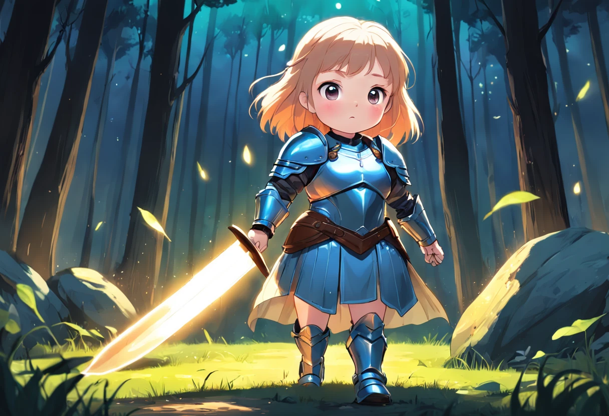 Cartoony，Chubby little girl in heavy armor，Hold a glowing sword and shield on the ground，Glowing fireflies around，，Cute and cute，KIDS ILLUSTRATION，Glow effects，Dingdall effect，depth of fields，high light，Real light，Ray traching，oc rendered，Hyper-realistic，best qualtiy，8K，Works of masters，super-fine，Detailed pubic hair，Correct anatomy，sharp focus on eyes，The facial structure is reasonable，Facial features are carefully depicted