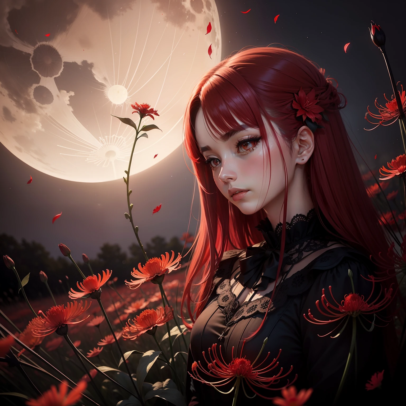 Red flowers, red spider lily, red Lycoris, moon