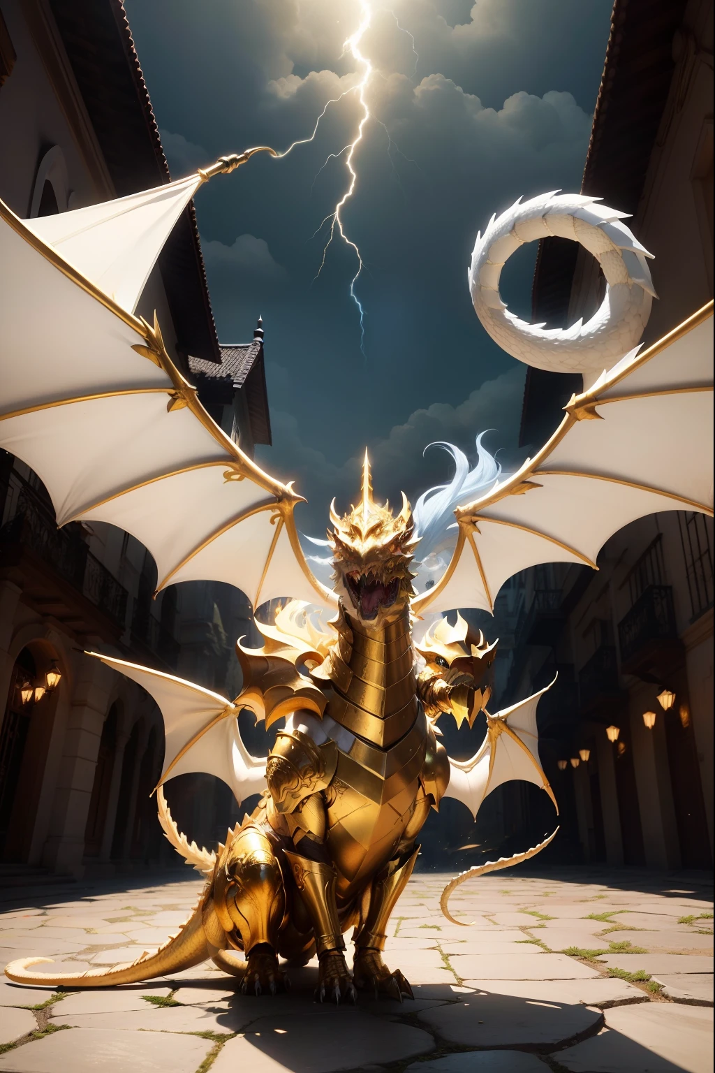 1White dragon add lightning in mouth add golden armor add large wings, dourado. boca fechada, dentes afiados, Two paws on the ground, adcionar asa esquerda, not looking like people's bodies, Golden helmet on head, dragon's head, blue lightnings, relampagos azuis.