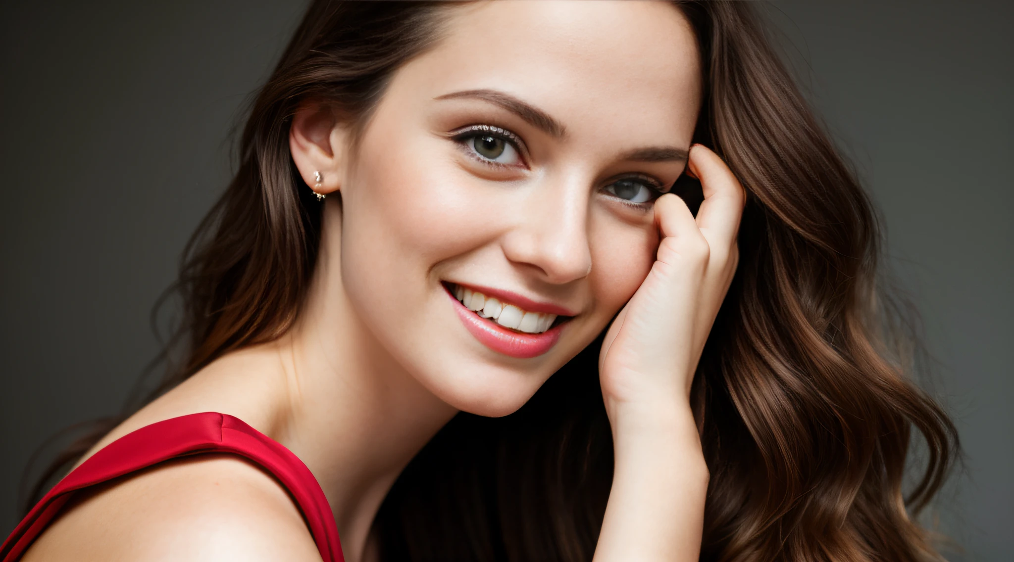 A woman wearing a long red dress, brunette hair, full shot, inspired by Olivia Rodrigo, flawless pale skin ((detailed face)), ((detailed facial features)), (finely detailed skin), pale skin, plain grey background, (masterpiece) (perfect aspect ratio)(realistic photo)(best quality) (4K)(detailed) photographed on a Canon EOS R5, 50mm lens, F/2.8, HDR, (8k) (wallpaper) (cinematic lighting) (dramatic lighting) (sharp focus) (intricate), RAW photo, RAW photo, posing for camera, 8k uhd, dslr, high quality, grain film, Fujifilm XT3, film stock photography 4 kodak portra 400 camera f1.6 lens rich colors hyper realistic texture dramatic lighting unrealengine trend in artstation cinestill 800 tungsten, face ultra focus, smiling, seductive, png, 16:9 aspect ratio