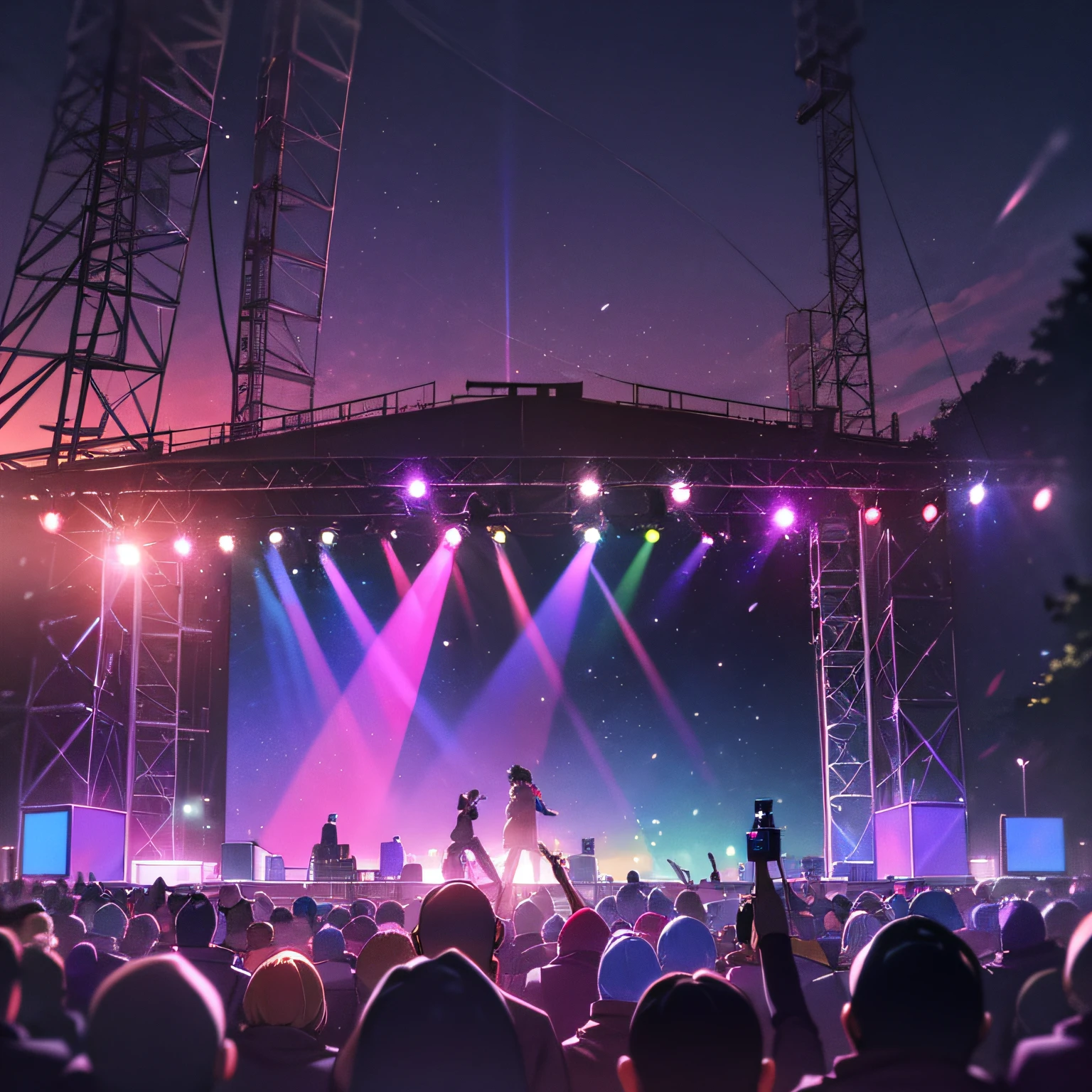 A close-up of a winter festival stage, many happy people in front, with colorful stage lights, end of trade, sunset behind stage, camera with 50mm lens, dark bacground with some dark blue, purple effects