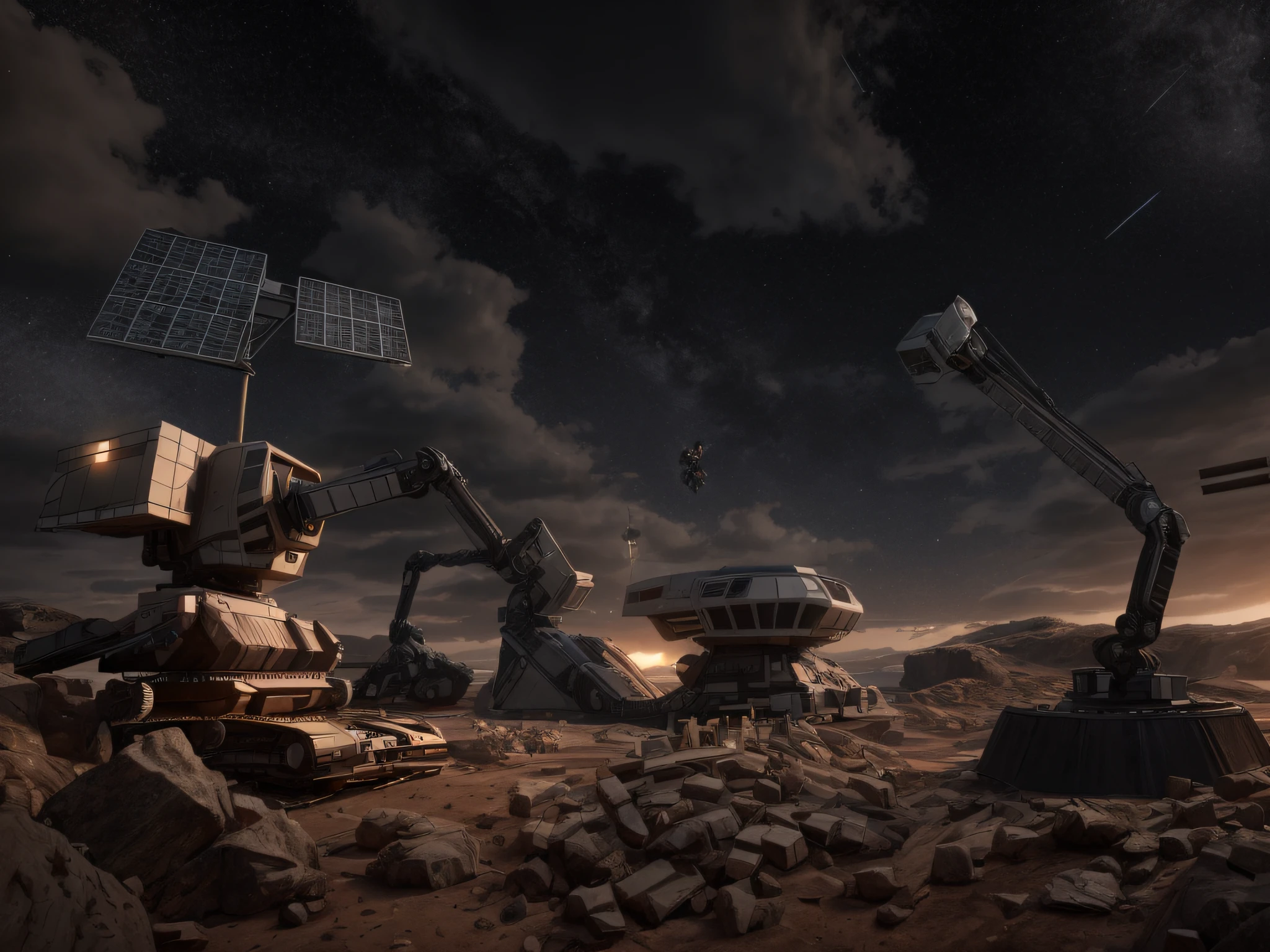 There are two robots standing on a rocky surface, Moody mining planet, mining outpost, 真实感，realisticlying，top-quality，tmasterpiece，cinematic compositions，Slow motion，mostly cloudy sky，deep shading，Dark and cool tones，detail-rich、复杂，Detailed landscapes，Volumetriclighting，（Detailed lighting）8K，highly details，hyper HD，hdr