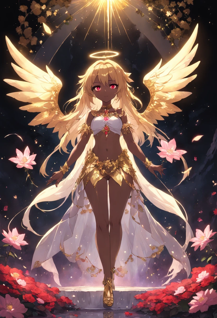 dark-skinned, mature_female, YorForger, jewelry, looking at the viewer, hollow, abyss, church, catholic, angel,fairy,universe, glitter, holo, mary, glint, gradient, overlay, shadow, grand, flowers, sparkle flowers, golden hair, (wings), full body, midriff, shirt, red eyes,  hips, navel, sidelocks, golden heels, fog, pink rose, red rose, rosemary, parrot, green wings, water, hair, horns, lips out, galaxy eyes, flowers, garden