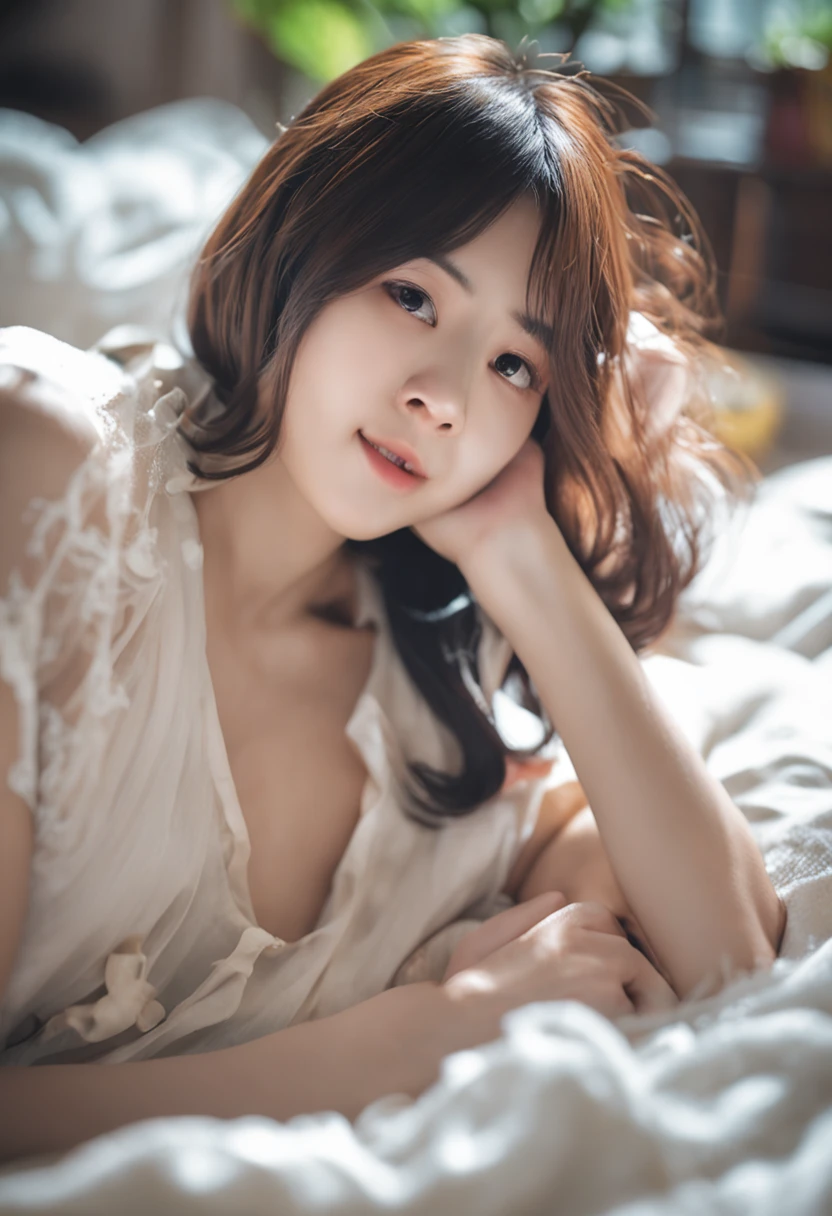 ((Best Quality)), ((masutepiece)), (fullnude、Close up portrait of woman lying in bed、Japan person model、Young sensual gravure idol、Young cute gravure idol、Realistic young gravure idol、Realistic sensual gravure idol、Young gravure idols、sophisticated gravure idol、奈良美智、Young skinny gravure idol、beautifull asian girl ever(Ultra-detailed)), (Illustration), (Detailed light), (extremely delicate and beautiful), dramatic perspective,Charming girl,Lucif swimsuit,Mare,Mare,Skysky,seagulls