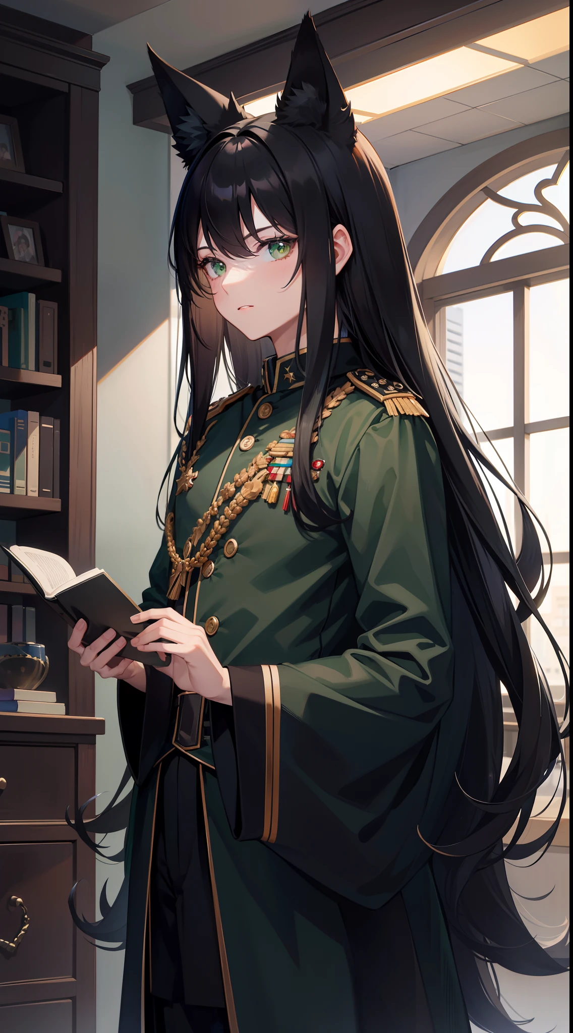 adult man, Long black hair, Fox ears, Green eyes, Black general's uniform, Masterpiece, hiquality