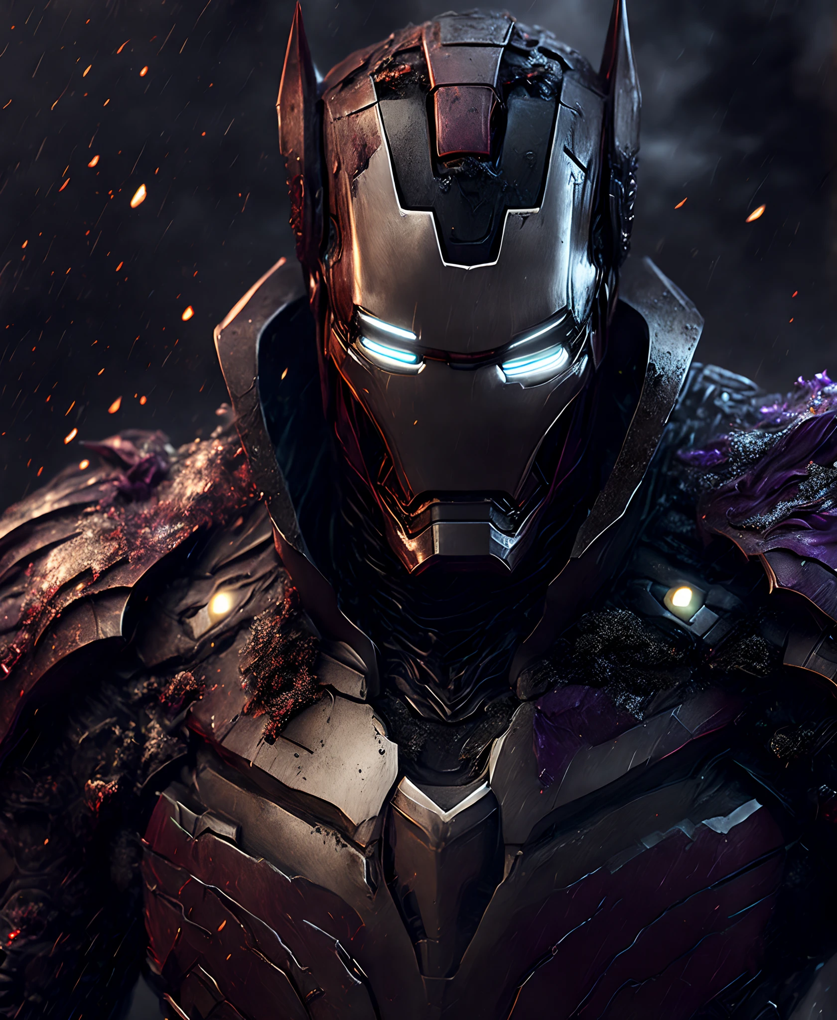 Close-up (Joker Iron Man in Viking style: 1.3) emerging from wet black mud, extremely detailed, smoke, sparks, metal shavings, flying debris, volumetric light