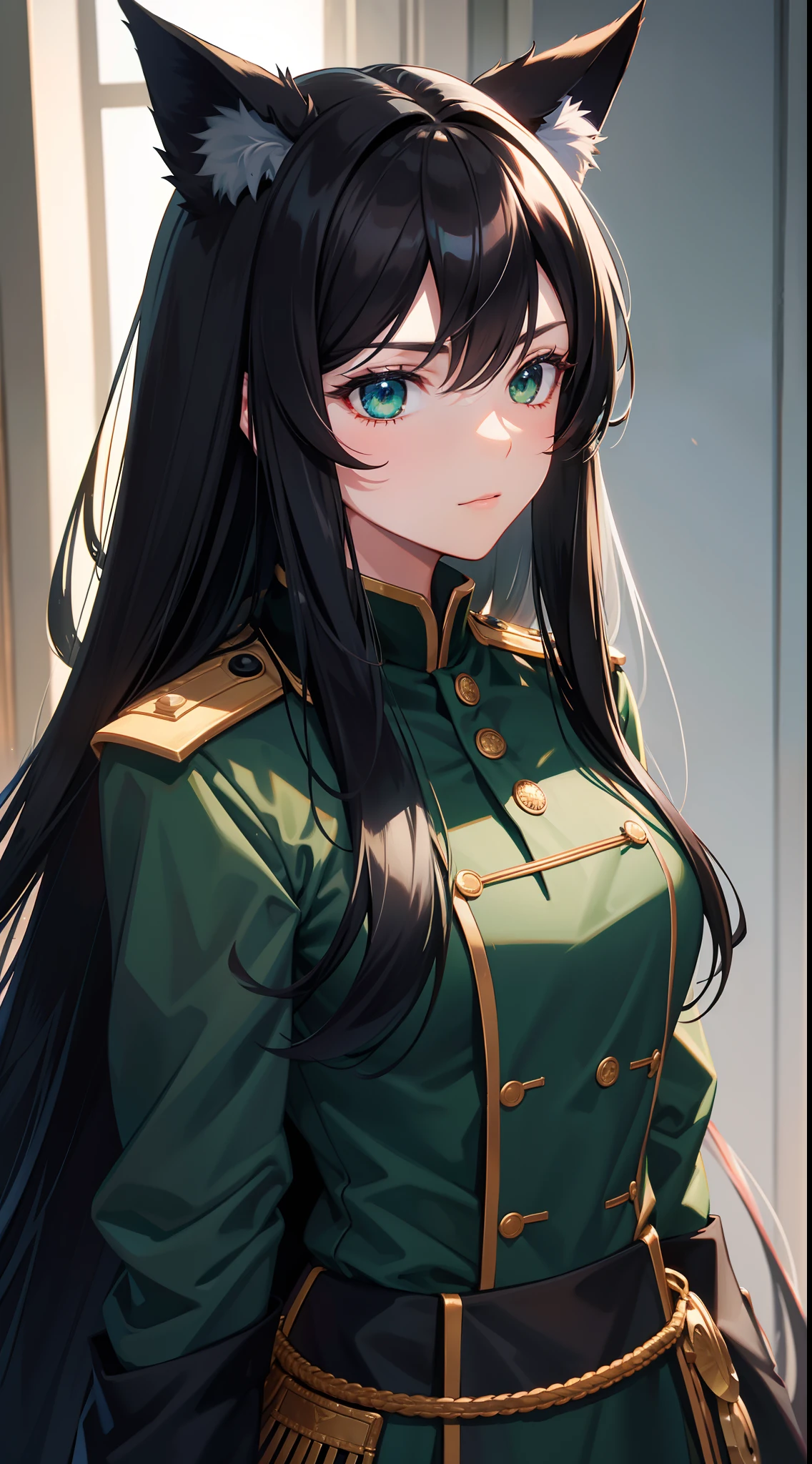 adult man, Long black hair, Fox ears, Green eyes, Black general's uniform, Masterpiece, hiquality