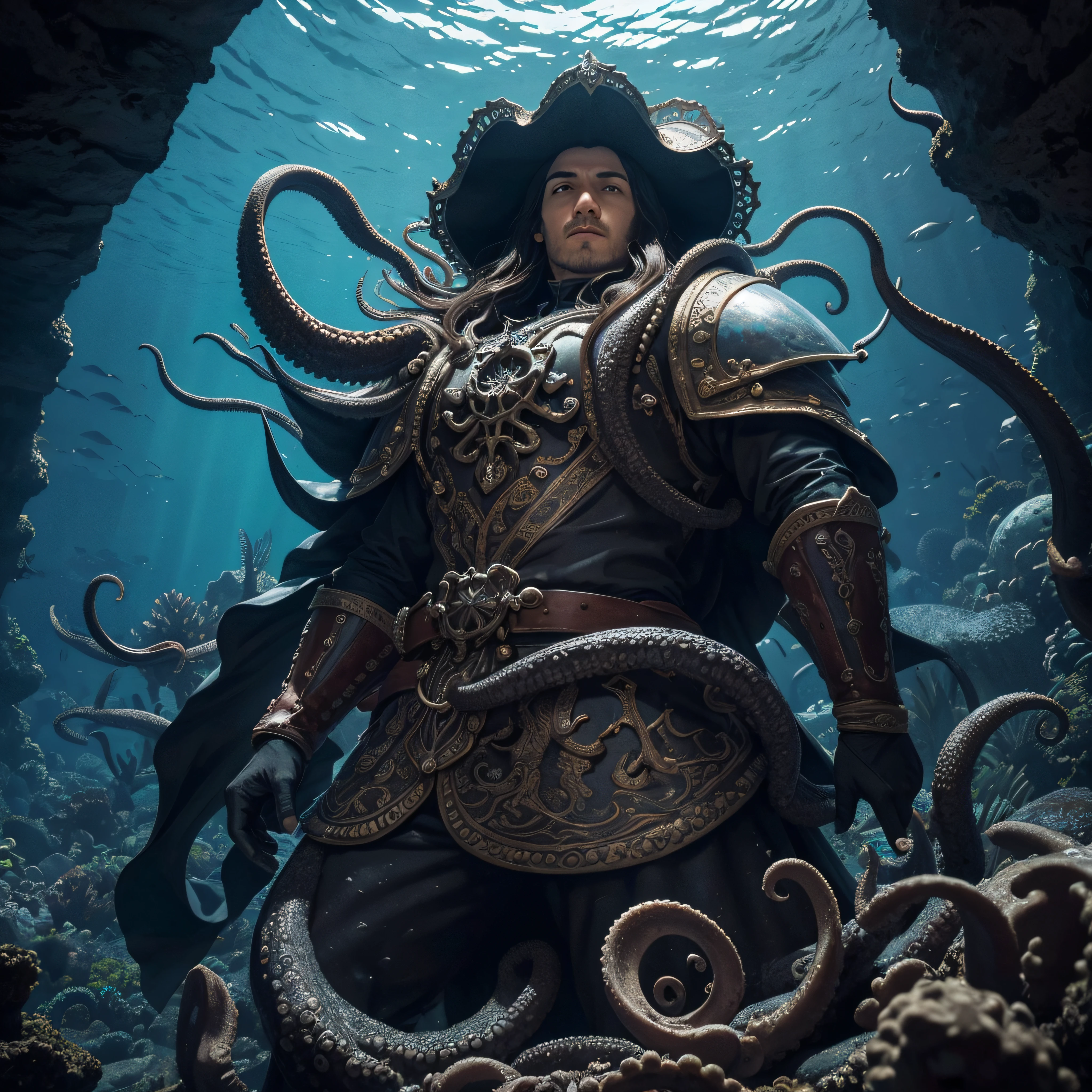 (extremadamente detallado, obra maestra, La mejor calidad, Under the Ocean), Estilo oscuro, volumetric illumination. armadura medieval, rostro con arrugas, lengua larga, tentacle, deforme, imagen submarina vista desde el exterior, pico de pulpo amenazante. manchas de tinta. Rococo composition. Luz de caravaggio