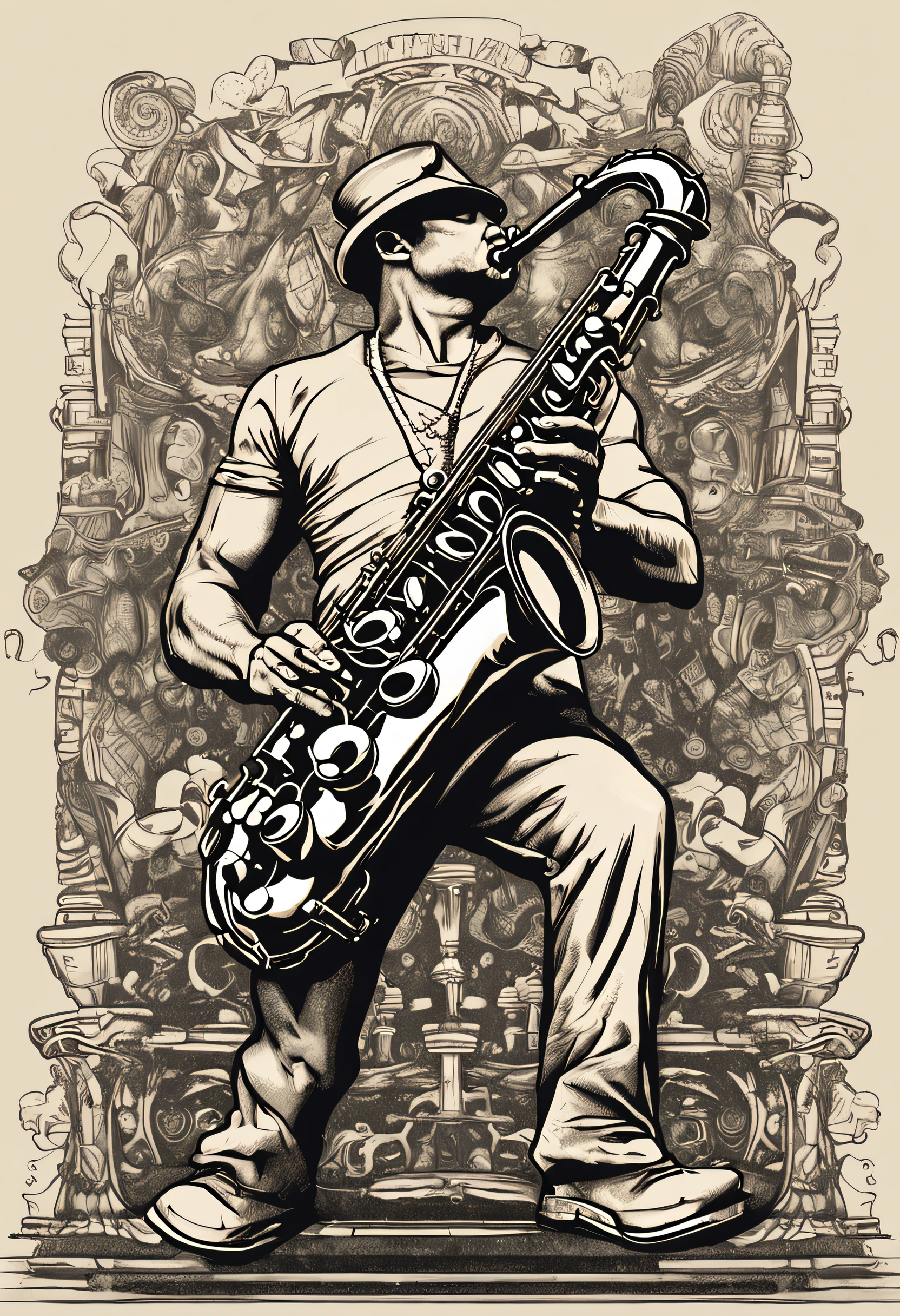 Desenhe um saxofonista musculoso tocando um saxofone, with well-defined muscles and ultra-realistic details, em um fundo neutro.