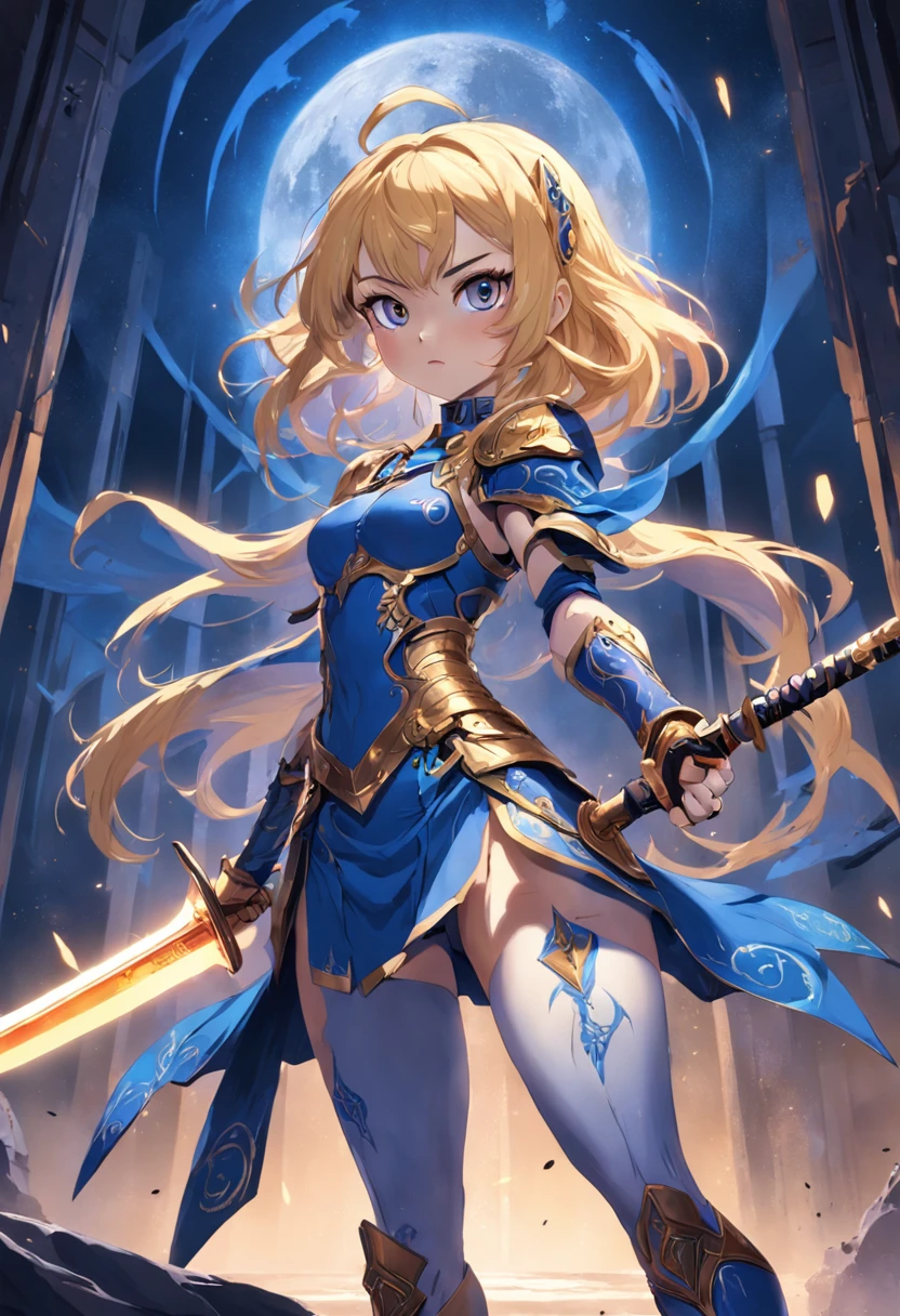 In this scene, Luna Runcandel holds a sword with a determined stance, readying herself for an impending strike. Captured in the realm of digital illustration, the artist infuses vibrant colors and dynamic textures into the image. The figure of Luna is meticulously detailed, showcasing the intricate armor and the intense focus in her eyes. The lighting casts strong shadows, enhancing the tension of the moment. The overall atmosphere exudes a sense of impending action, drawing the viewer into Luna's world. --v 5 --stylize 1000