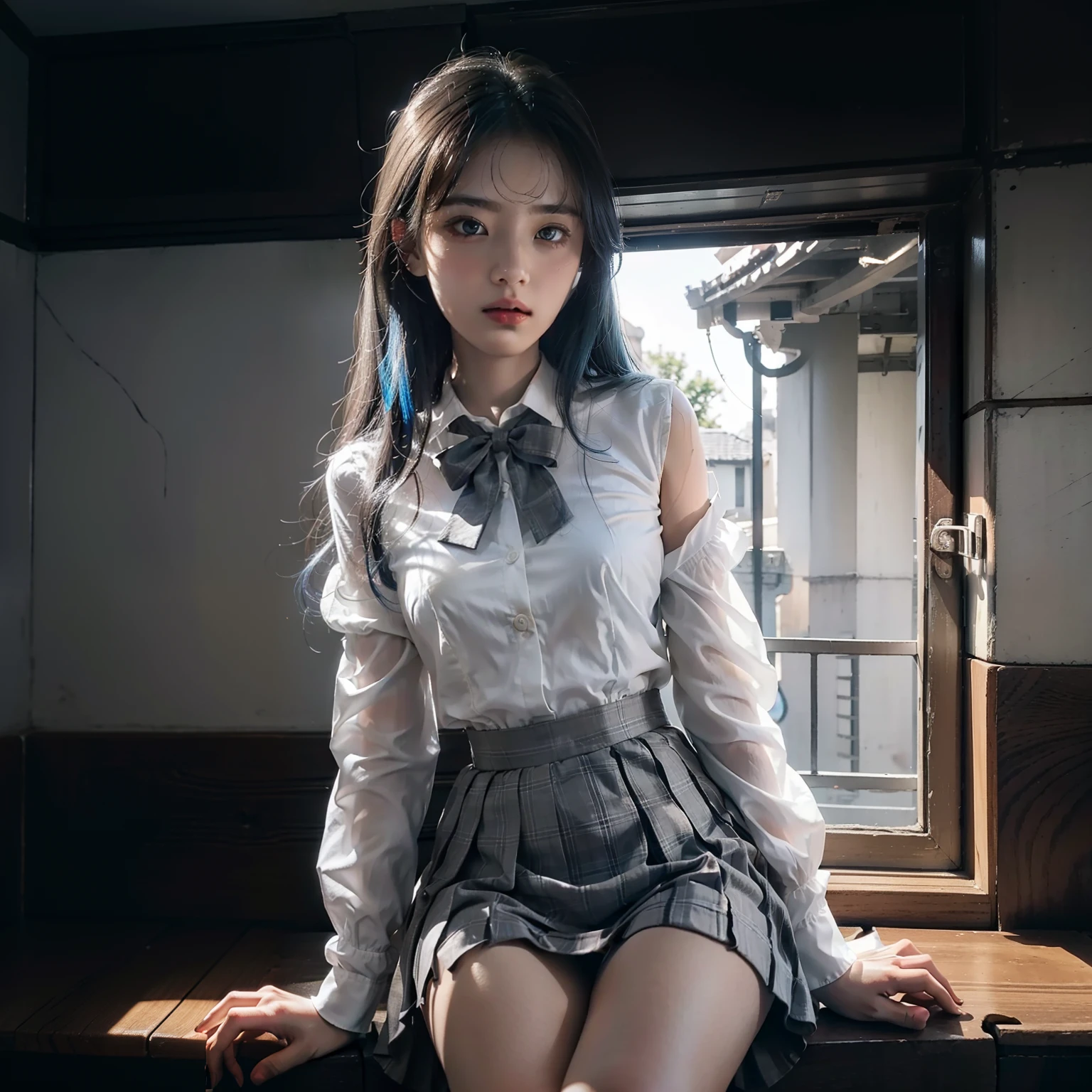 masterpiece, exquisite, illustration, {beautiful and meticulous girl}, beautiful and detailed halo, (fire of war: 1.2), (nuclear explosion behind: 1.3), rain, detailed lighting, detail water, (beautiful and detailed eyes: 1.1), expressionless, palace, sky blue hair, scattered hair, long bangs, eyebrows, (white-gray dress: 1.1), black ribbon, white bow tie, upper abdomen, big forehead, dull, flower, long sleeves