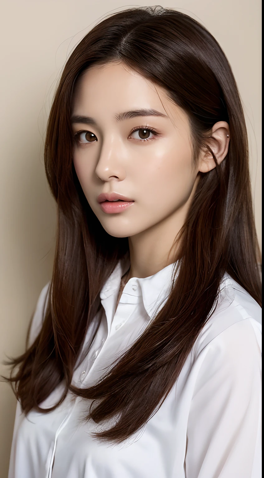 ((Top Quality, 8k, Masterpiece: 1.3)), Crisp Focus: 1.2, Beautiful Women with Perfect Style: 1.4, Slender Abs: 1.2, ((Dark Brown Hair, Big: 1.2)), (White Button Up Long Shirt: 1.1), Street: 1.2, Highly Detailed Face and Skin Texture, Detailed Eyes, Double Eyelids, Topless,