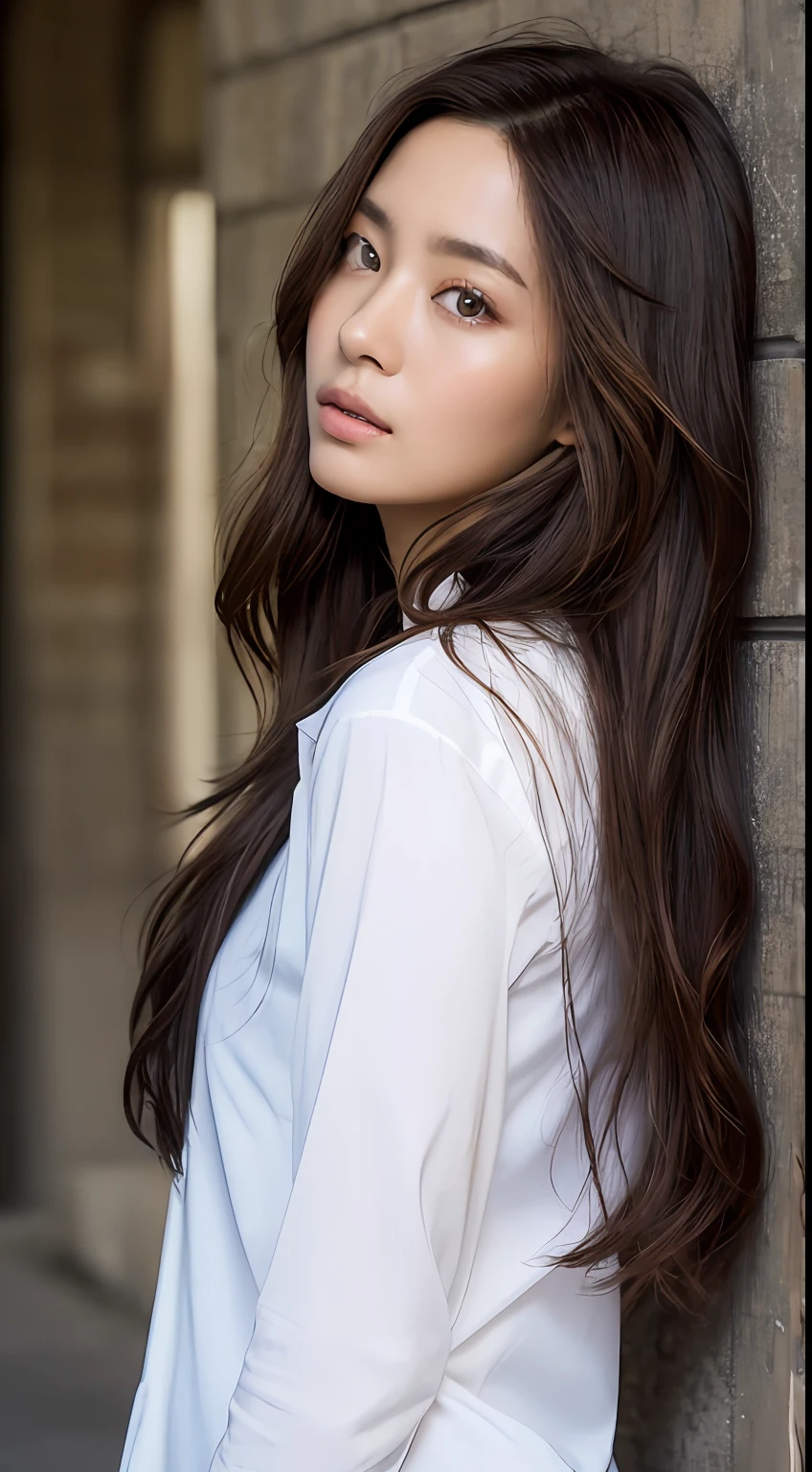 ((top-quality、8K、​masterpiece：1.3))、Crisp focus：1.2、Beautiful Women in Perfect Style：1.4、Facing to the side：1.2、full body1.2((dark brown hair、Model body type：1.2))、Standing leaning against the wall、(White button shirt:1.1)、White wall background:1.2、stright long hair、Highly detailed facial and skin texture、A detailed eye、二重まぶた