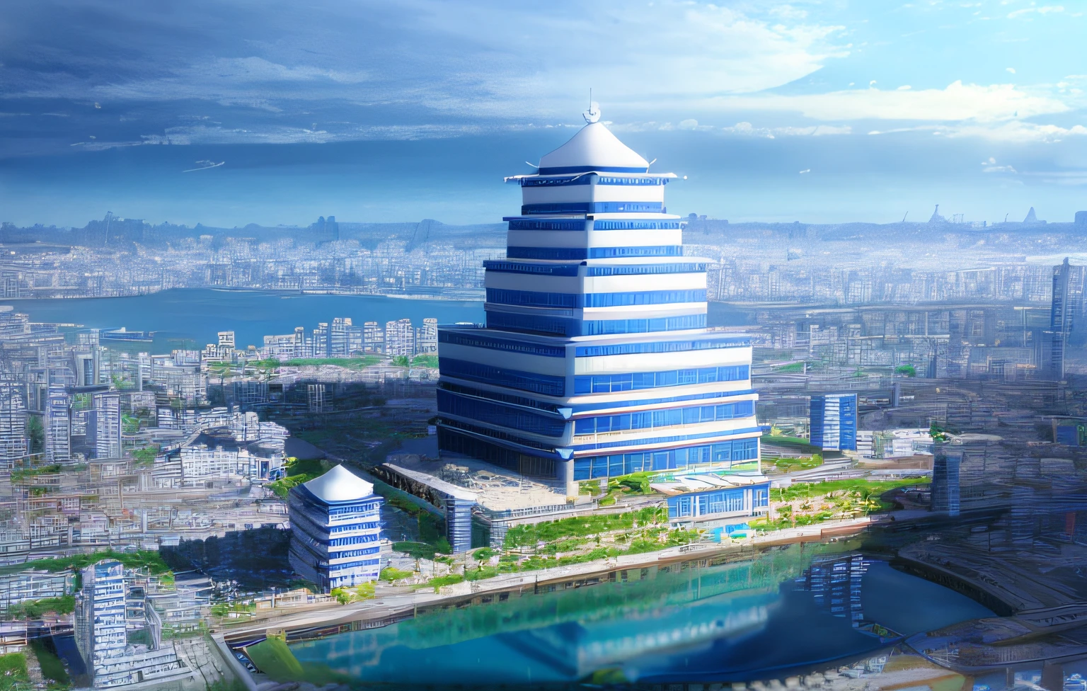 16k,Ultra-detailed details,Future theme,ultra-realistic realism,Archimedes perfect geometric row white building,The Lord withers blue-white,It contains some traditional Chinese architectural features,Large area of water light,With 5%cyber punk style。Type A4 paper size