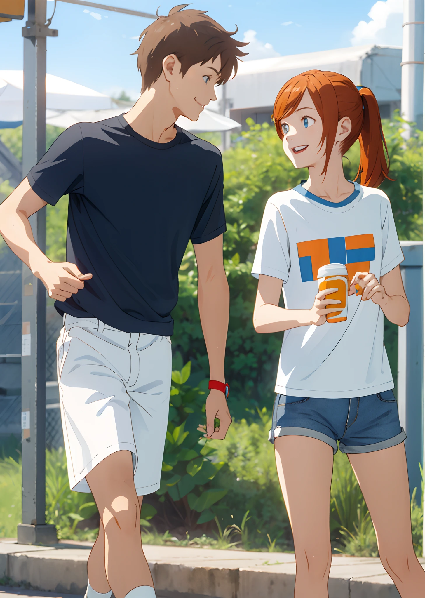 Orange hair Single ponytail Red headband Sky blue eyes High school student White shorts T-shirt Transparent sunscreen shirt Blue and white sneakers Smile