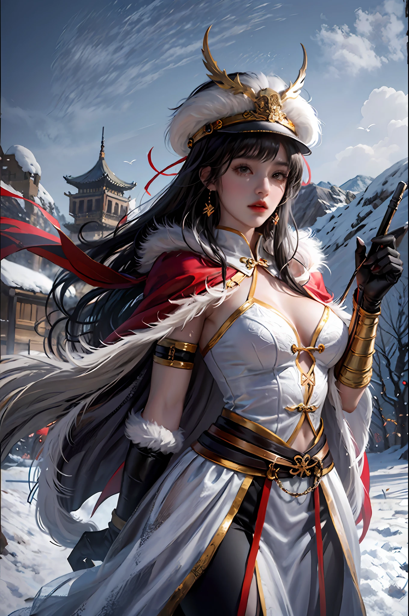 1girl dress like move The Flying Swords of Dragon Gate, Ancient Chinese fortresses background, hips up, city walls, cape, desert, snow, furry_coat, furry_cloak, snow, linen_clothes, bamboo_hat, masterpiece, best quality, 8k, photorealistic,