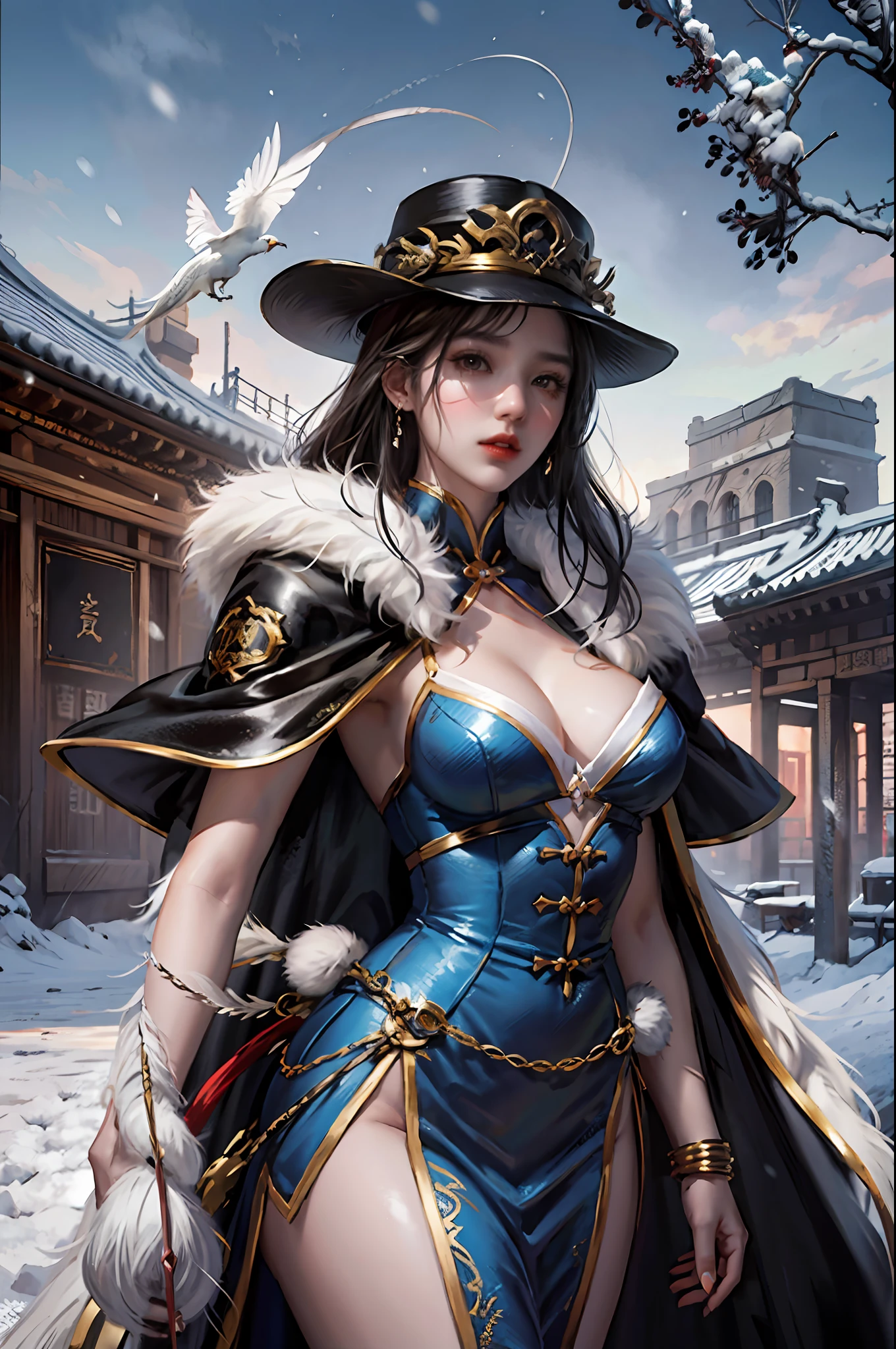 1girl dress like move The Flying Swords of Dragon Gate, Ancient Chinese fortresses background, hips up, city walls, cape, desert, snow, furry_coat, furry_cloak, snow, linen_clothes, bamboo_hat, masterpiece, best quality, 8k, photorealistic,
