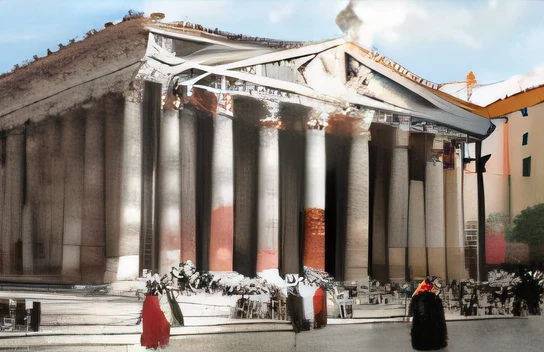 Roman architecture in a town square with people walking around, pantheon, arquitetura romanoa, Estilo romanoo antigo, classical architecture, Estilo romanoo antigo, neo classical architecture, arquitetura renascentista italiana, romano, Arquitetura romanoa surrealista, estilo neoclassicismo, Roma Antiga, Roma, Ancient Roman scenery, in a city with a rich history, neo classical architecture, Estilo Romano