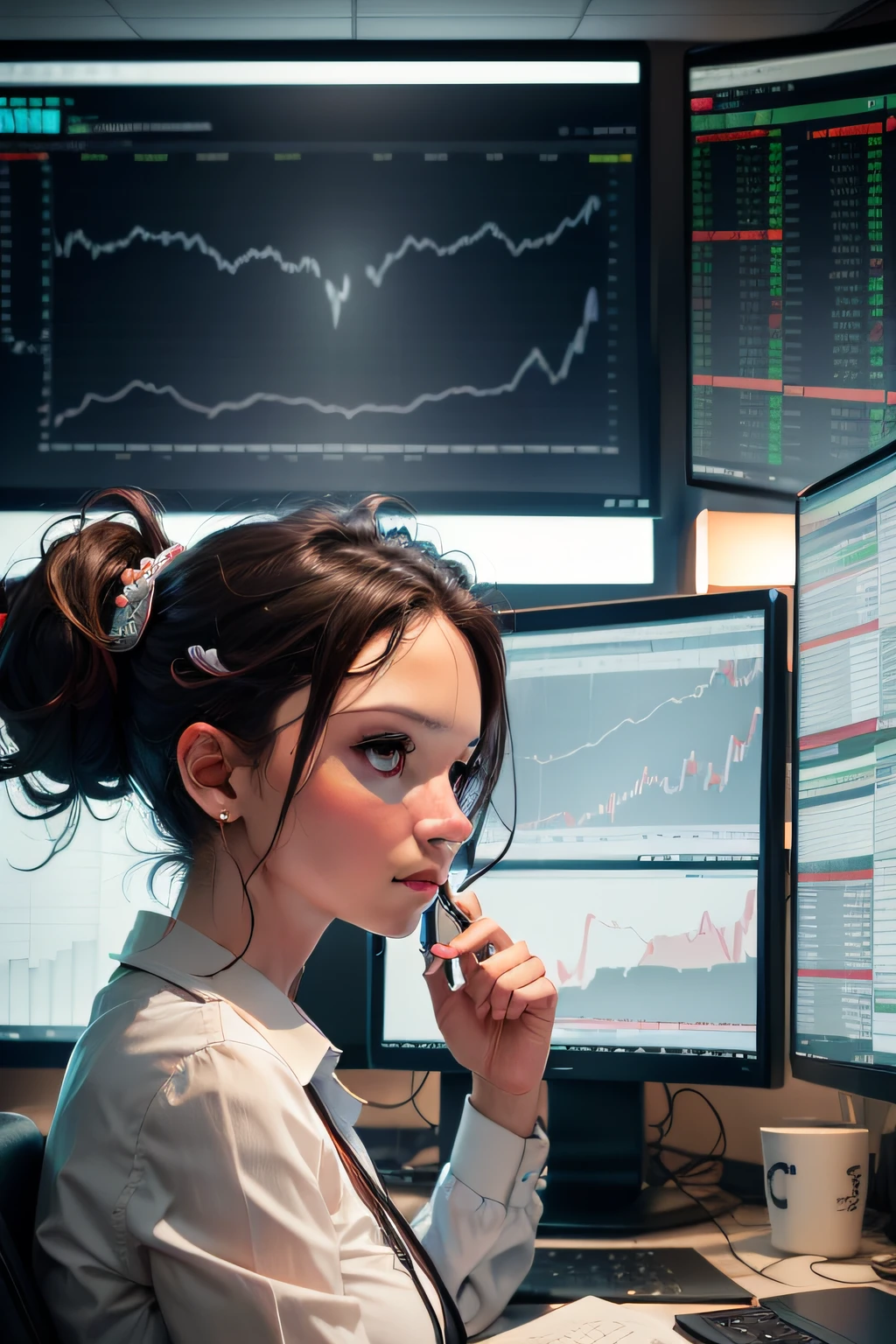 Gorgeous woman sitting wide-legged in her chair in a stock trading office charts