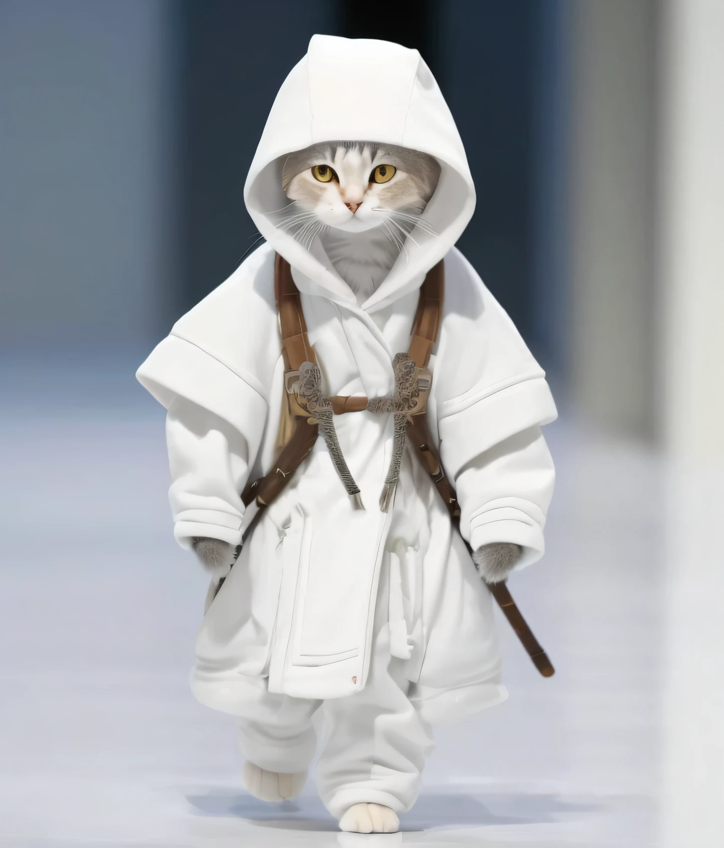 Aravi cat walking on the runway in a yellow robe, Assassin Cat, Samurai cat, highly fashionable, tabaxi monk, Cat Warrior, Left and right with knives,anthropomorphic cat ninja, White Aros suit, Catwalk, inspired by Miao Fu, the cat is walking, ninja cat, 2 0 2 0 fashion, styled like ghost in the shell, cat design