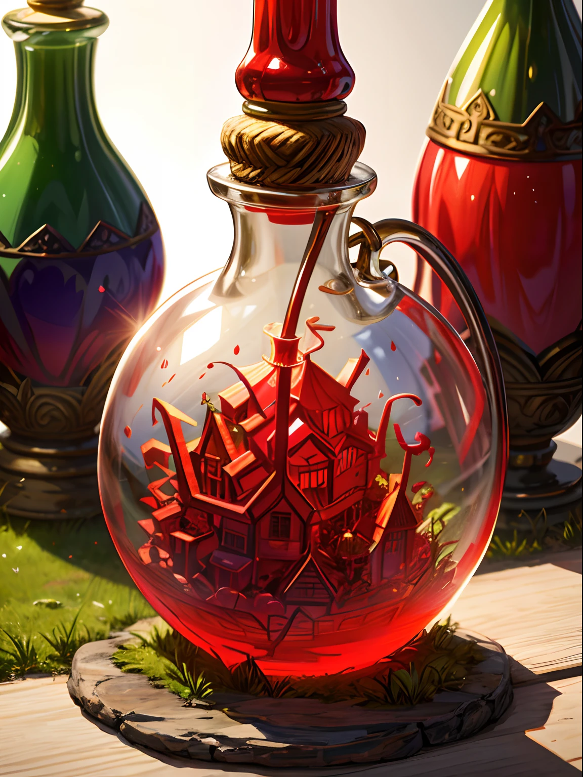 Wallpaper, Fantasy Grass Garden, Red Glass Bottle, Potion, Magic Potion, Wonderful Particles, (Glowing Red Liquid), Artifact Jar, Centered, (best quality:1.1), (masterpiece:1.2), high quality shadow, beautiful detailed, depth of field, highres, best shadow, best illumination, anime --v 6