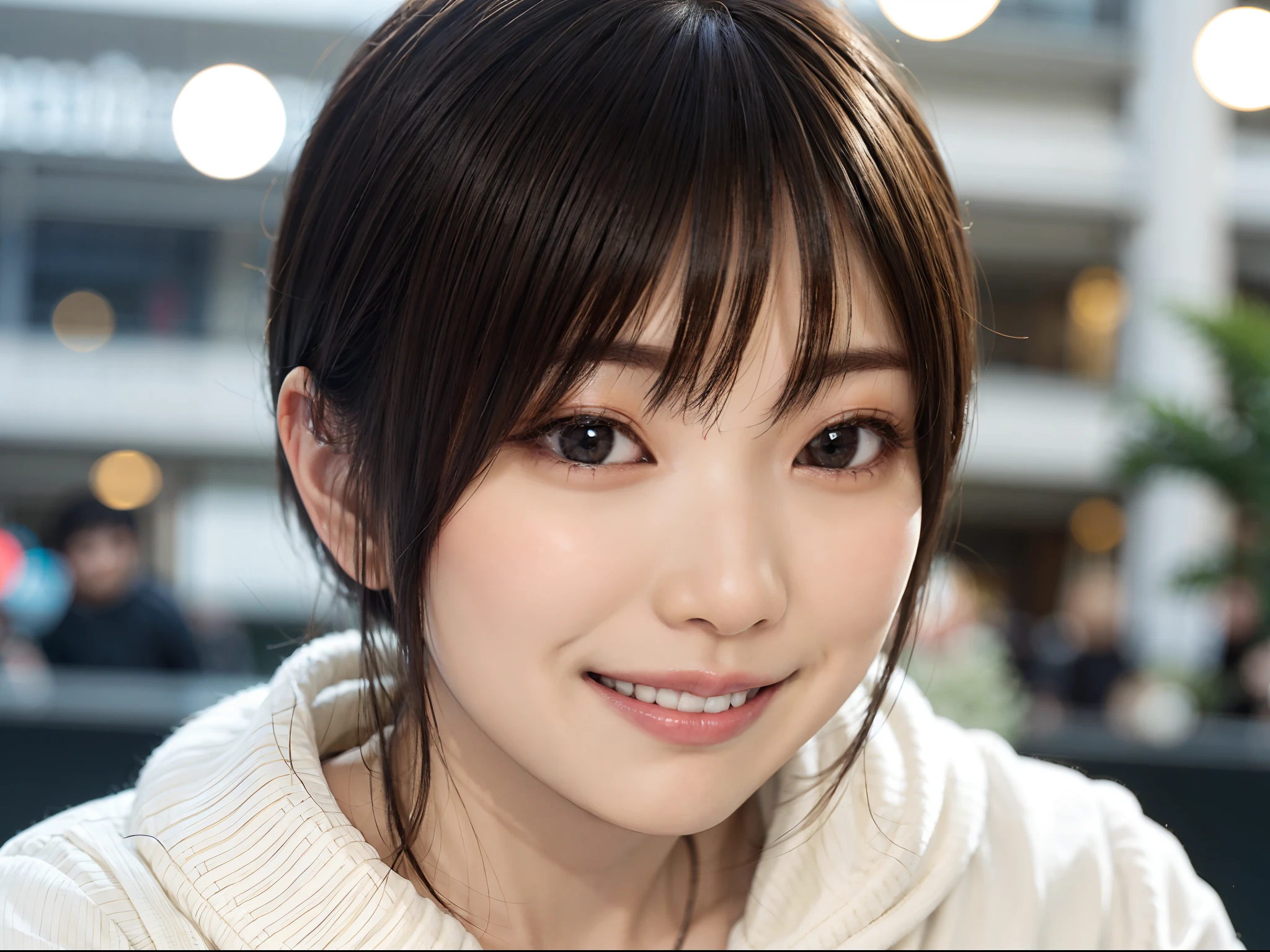 Japan girl in casual clothes in a shopping mall, looking at the viewer, posing with a smile (highest quality, masterpiece))), high resolution, very detailed, masterpiece, cinematic lighting, (8K, highest quality, masterpiece: 1.2), (realistic, photorealistic: 1.37) Hi-Res, Super Detail, 1 Girl, Woman with Glasses, Thin Frame Round Glasses, Light Colored Glasses Frame, asian, cute, cute face, solo, short hair 1.2, textured skin, beautiful smile, beautiful detailed sky, detailed café, night, movie lighting, depth of field, lens flare light, sitting, dating, (blushing), (smile: 1.15), small breasts (mouth closed), eyes with beautiful details, (short hair: 1.2), floating hair Nova Frog style,
