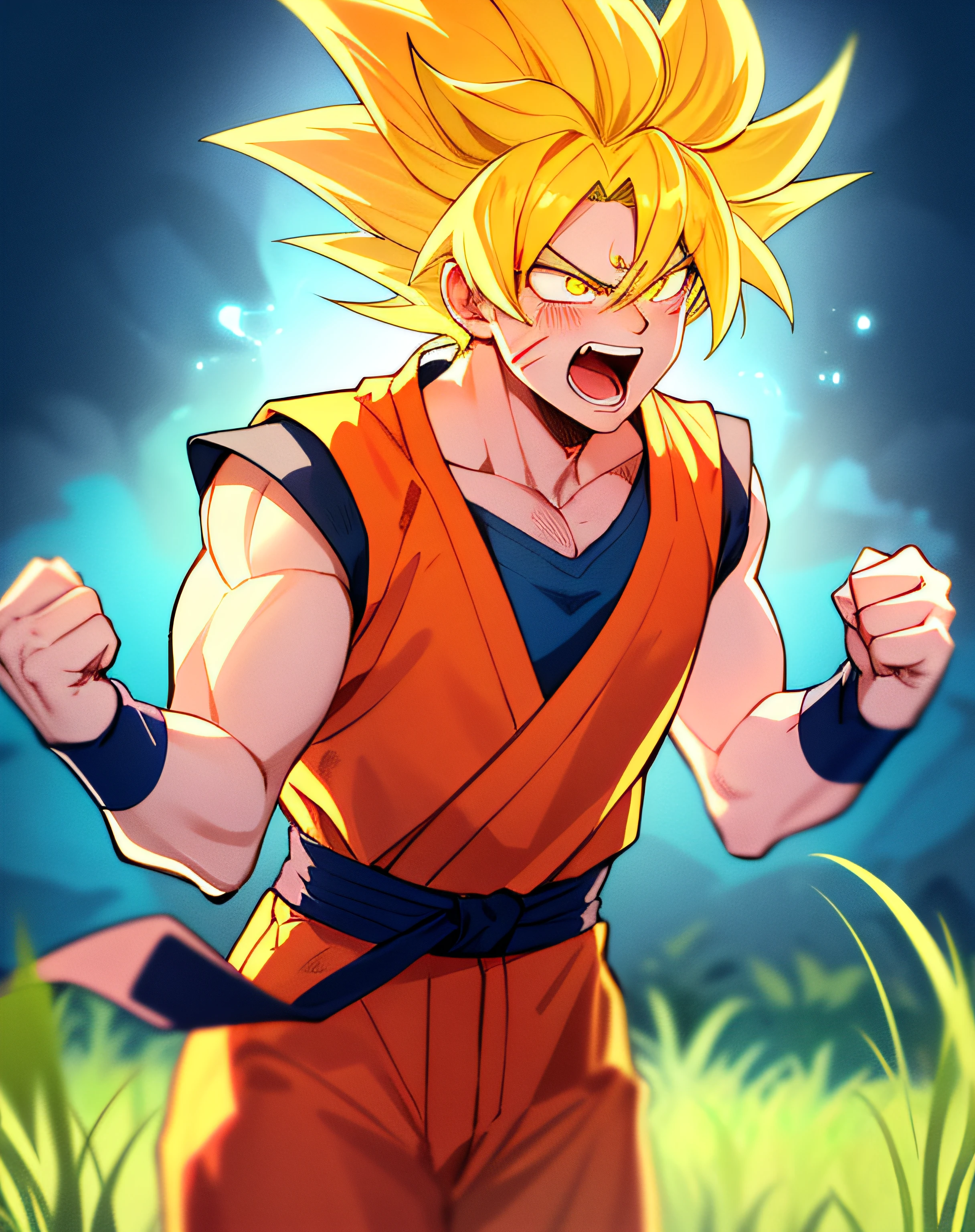 anime, son goku, 1boy, glowing eyes, yellow hair, blue wristband, dougi, muscular, mouth open, solo, spiked hair, wristband, cowboy shot, screaming, aura, yellow aura, dirt, grass, daytime, clenched fists
