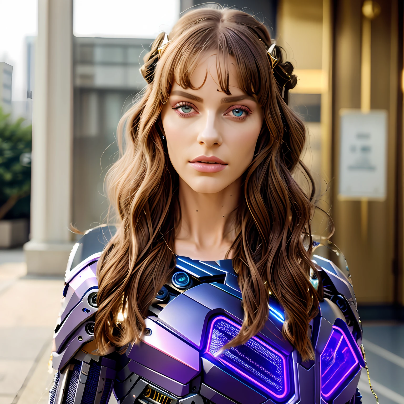 cyber punk style,Conquer troop style,cyborg people,Metal and plastic,Light pink and light purple mechanical armor,carbon fibers,Circuit wires,Sunlight on the side,Movie lighting,Realistic details。