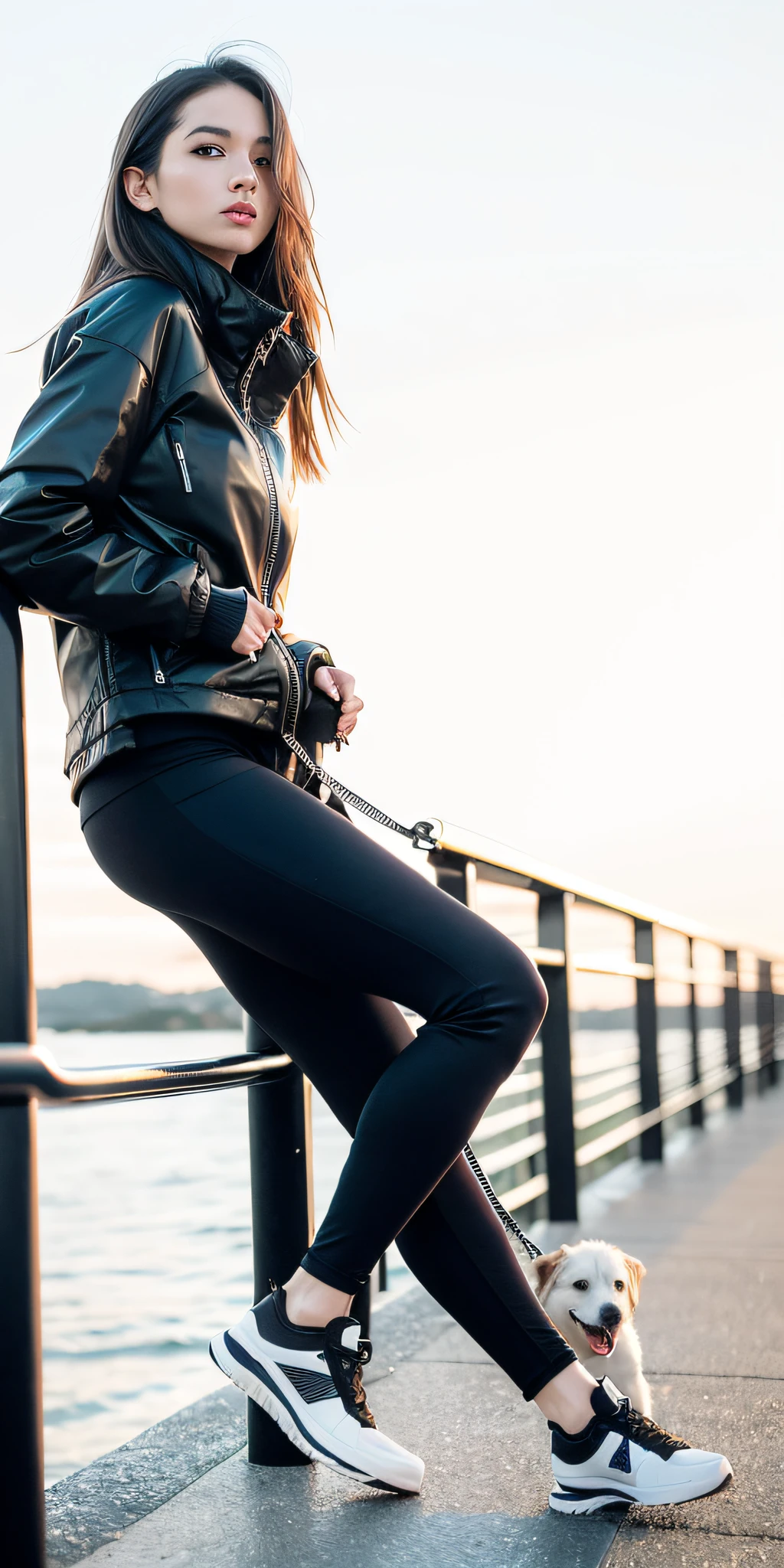 Beautiful woman sitting on a handrail with a dog on a leash, Fotografia de uma mulher techwear, com dois bolsos frontais, legging preto extremamente apertado, 2 mulheres techwear, Leggings, vestindo roupas urbanas, black legging pants, Techwear Look e Roupas, Leggings Pretas, casual, wearing legging pants, Tudo ao redor, legging pants, Pose casual