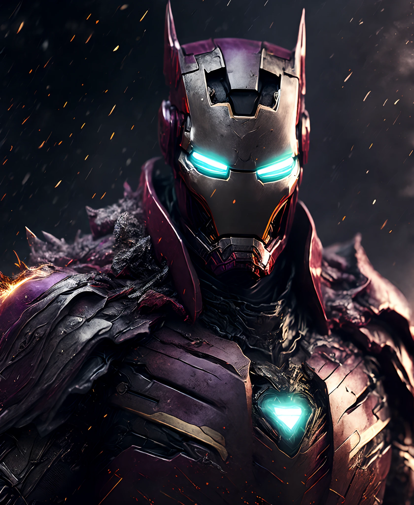 Close-up (Joker Iron Man in Viking style: 1.3) emerging from wet black mud, extremely detailed, smoke, sparks, metal shavings, flying debris, volumetric light