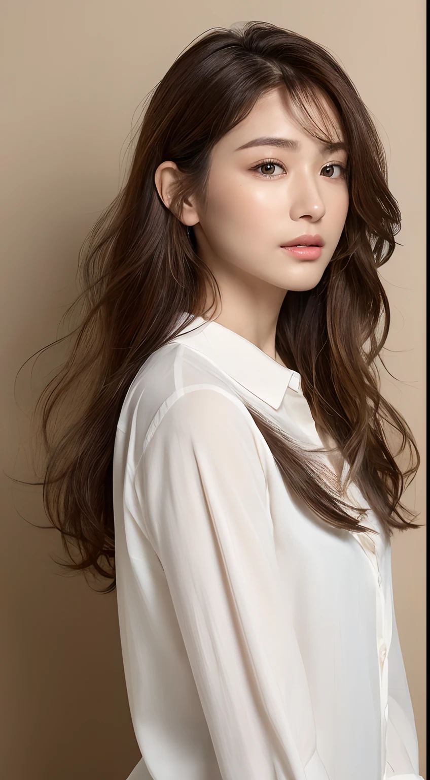 ((top-quality、8K、​masterpiece：1.3))、Crisp focus：1.2、Beautiful Women in Perfect Style：1.4、Facing to the side：1.2、full body1.2((dark brown hair、Model body type：1.2))、Standing leaning against the wall、(White button shirt:1.1)、White wall background:1.2、curly hair、Highly detailed facial and skin texture、A detailed eye、二重まぶた