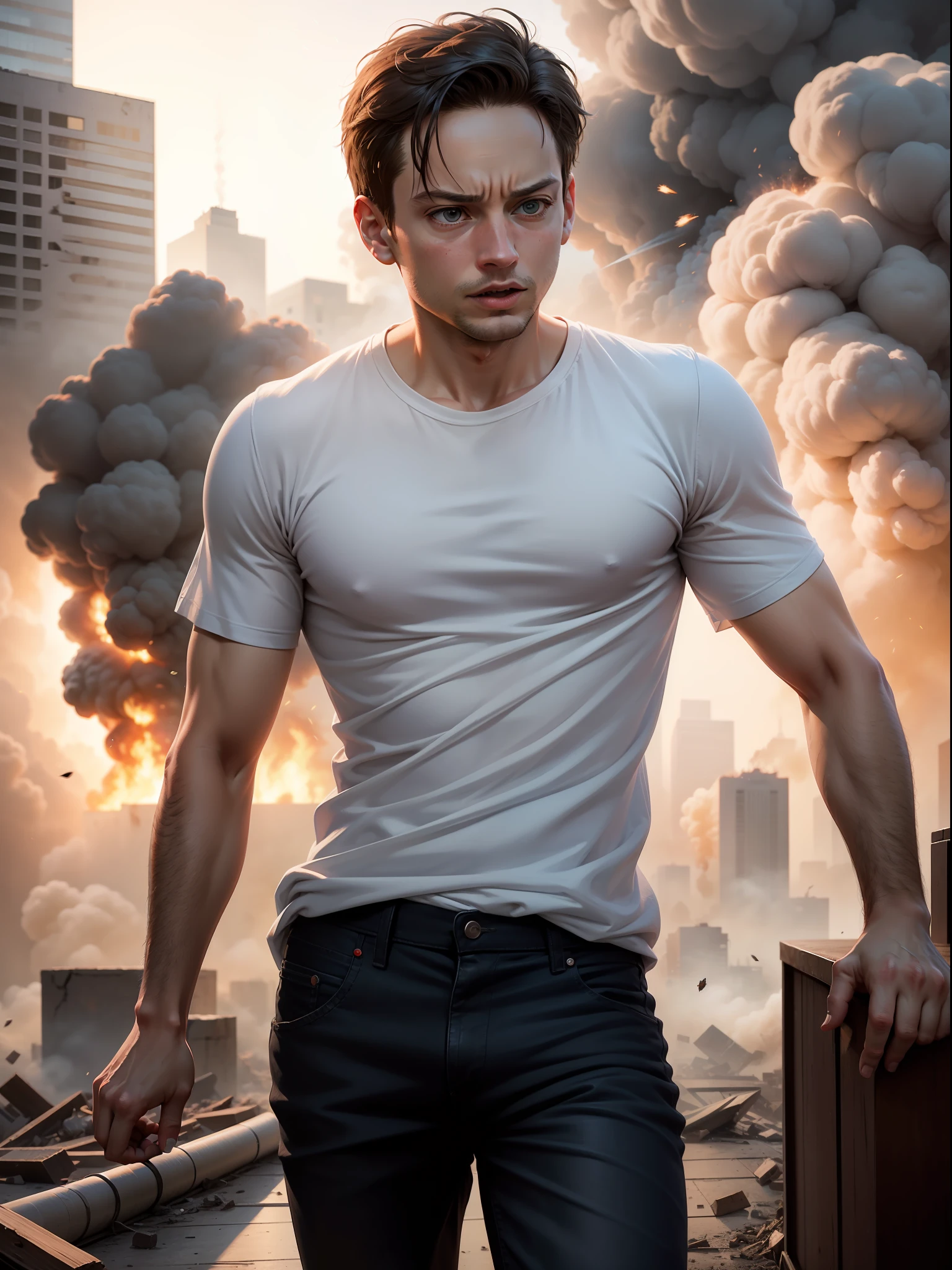 Tobey Maguire dressed in plain white t-shirt, short shoot, jumping, explosions, destroyed buildings collapsed, rising smoke, realistic, photography, Canon Eos R6