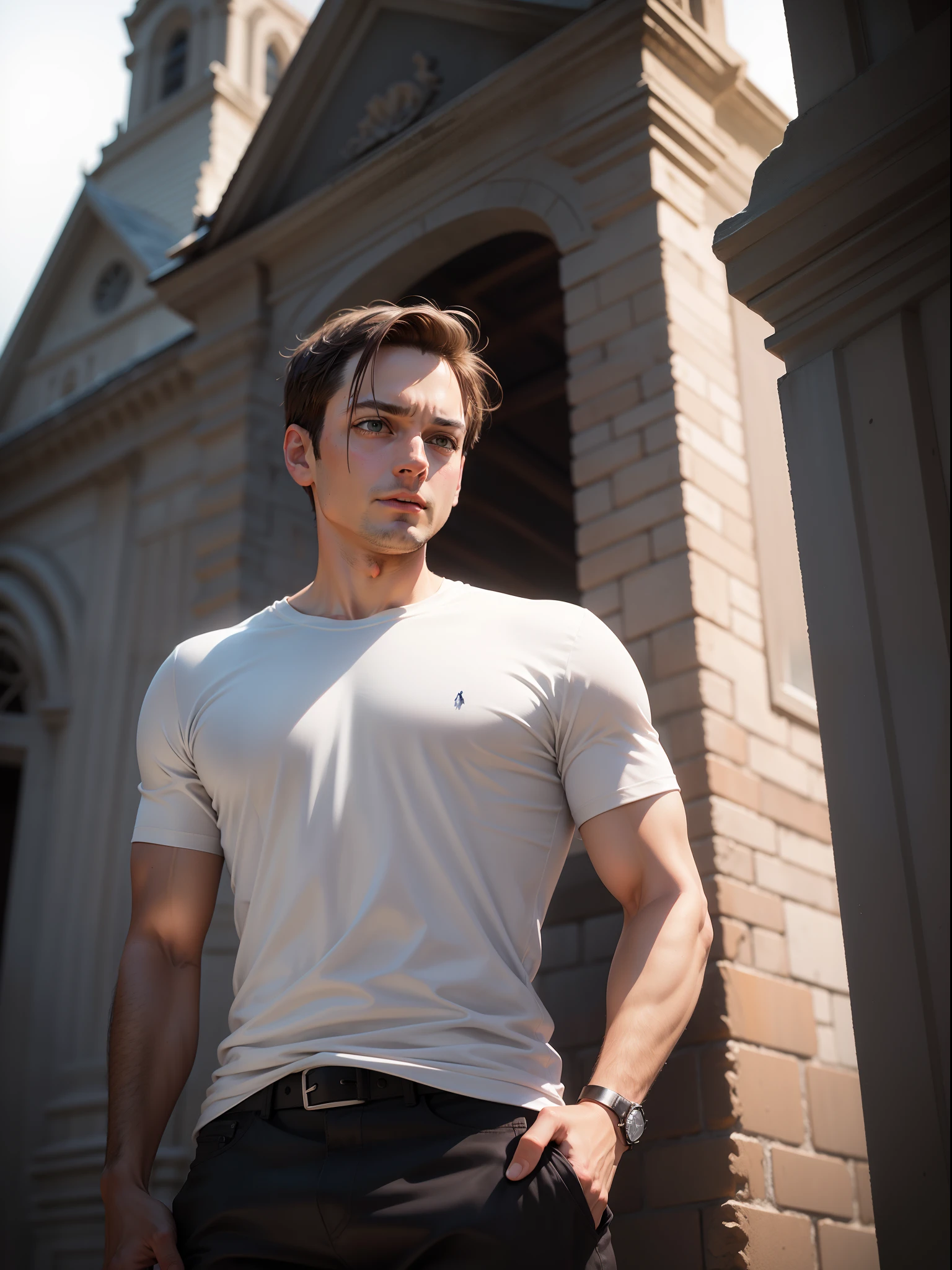 Tobey Maguire dressed in plain white t-shirt on the top of tower, short shoot, realistic, photography, Canon Eos R6