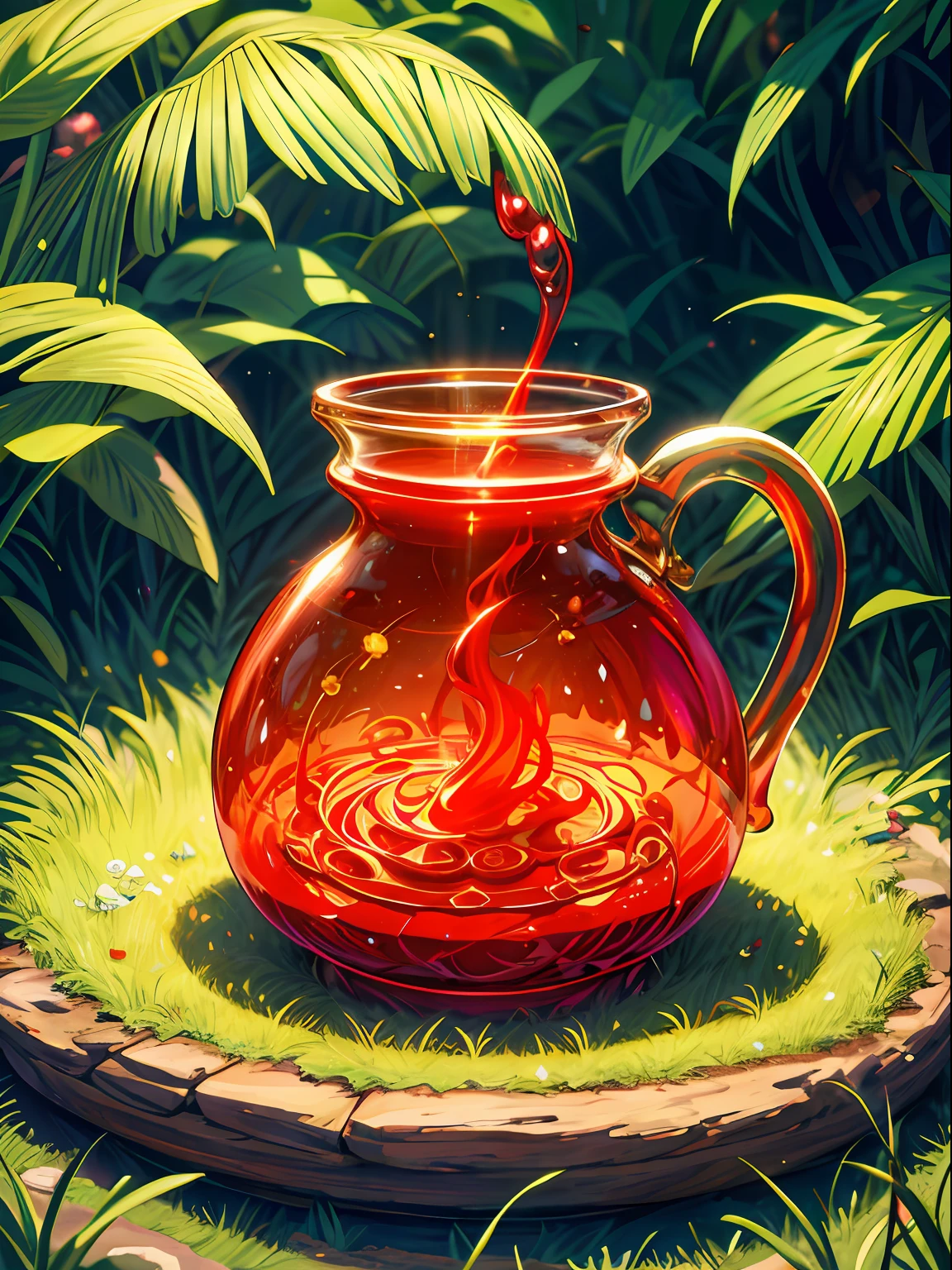 Wallpaper, Fantasy Grass Garden, Red Glass Bottle, Potion, Magic Potion, Wonderful Particles, (Glowing Red Liquid), Artifact Jar, Centered, (best quality:1.1), (masterpiece:1.2), high quality shadow, beautiful detailed, depth of field, highres, best shadow, best illumination, anime --v 6