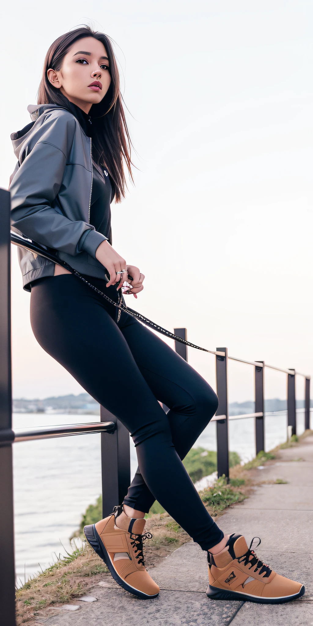 Beautiful woman sitting on a railing with a dog on leash, Fotografia de uma mulher techwear, com dois bolsos frontais, legging preto extremamente apertado, 2 mulheres techwear, Leggings, vestindo roupas urbanas, black legging pants, Techwear Look e Roupas, Leggings Pretas, casual, wearing legging pants, Tudo ao redor, legging pants, Pose casual