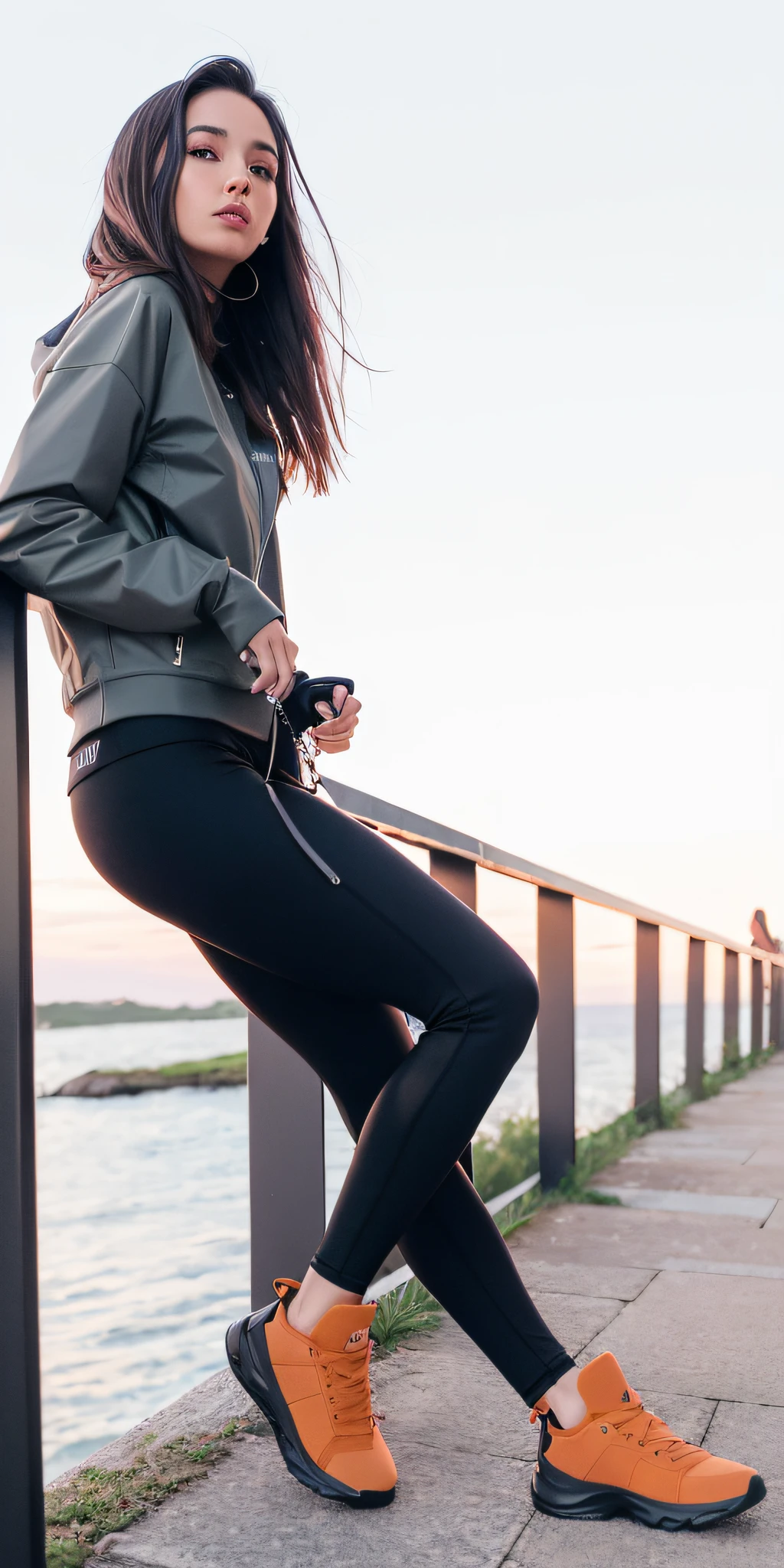 Beautiful woman sitting on a railing with a dog on leash, Fotografia de uma mulher techwear, com dois bolsos frontais, legging preto extremamente apertado, 2 mulheres techwear, Leggings, vestindo roupas urbanas, black legging pants, Techwear Look e Roupas, Leggings Pretas, casual, wearing legging pants, Tudo ao redor, legging pants, Pose casual